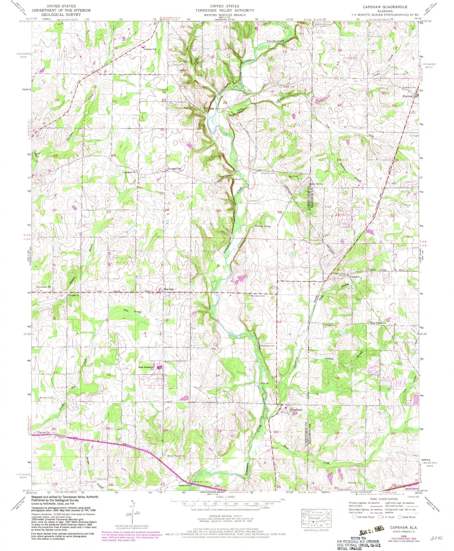 Classic USGS Capshaw Alabama 7.5'x7.5' Topo Map Image
