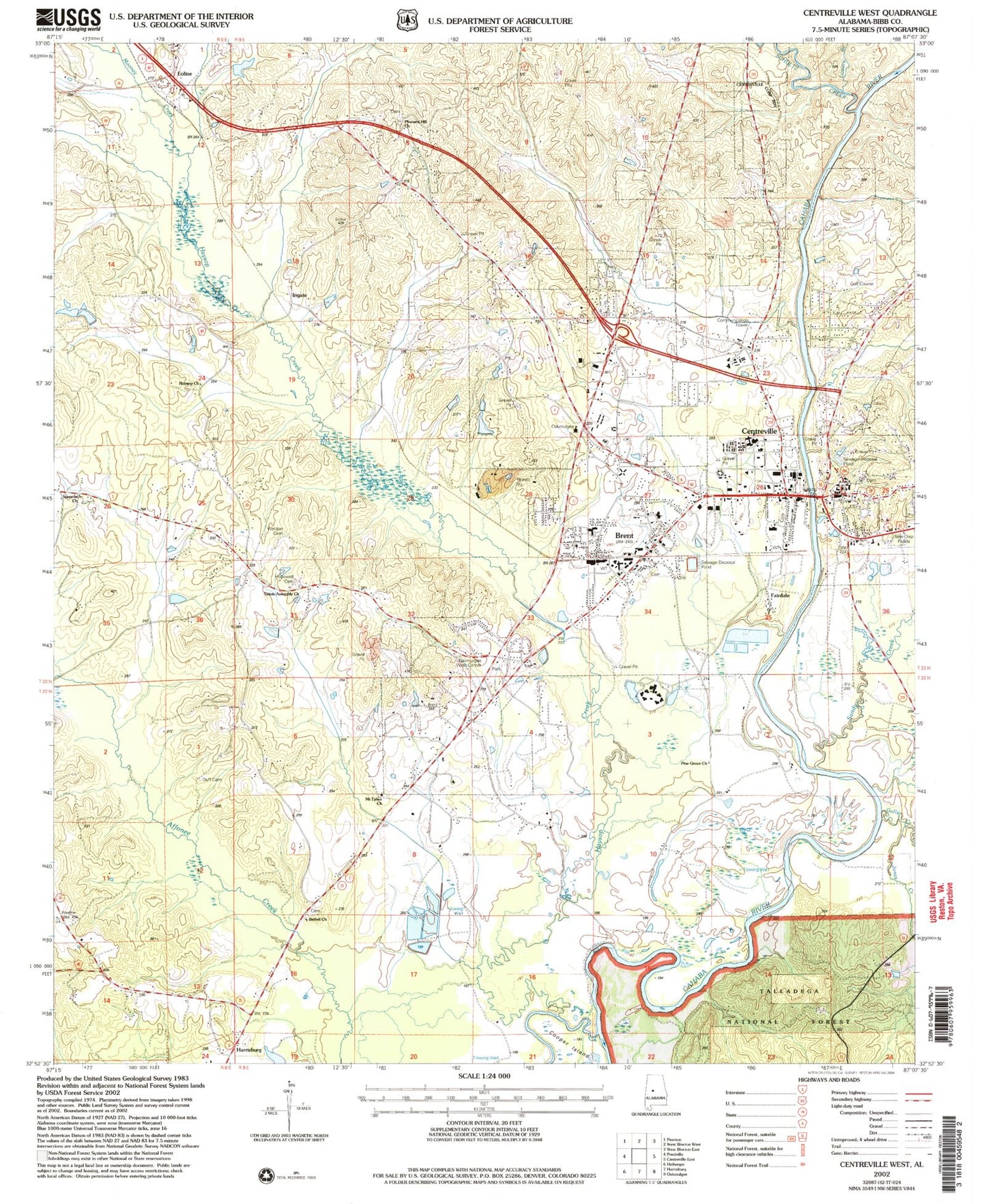 Classic USGS Centreville West Alabama 7.5'x7.5' Topo Map Image