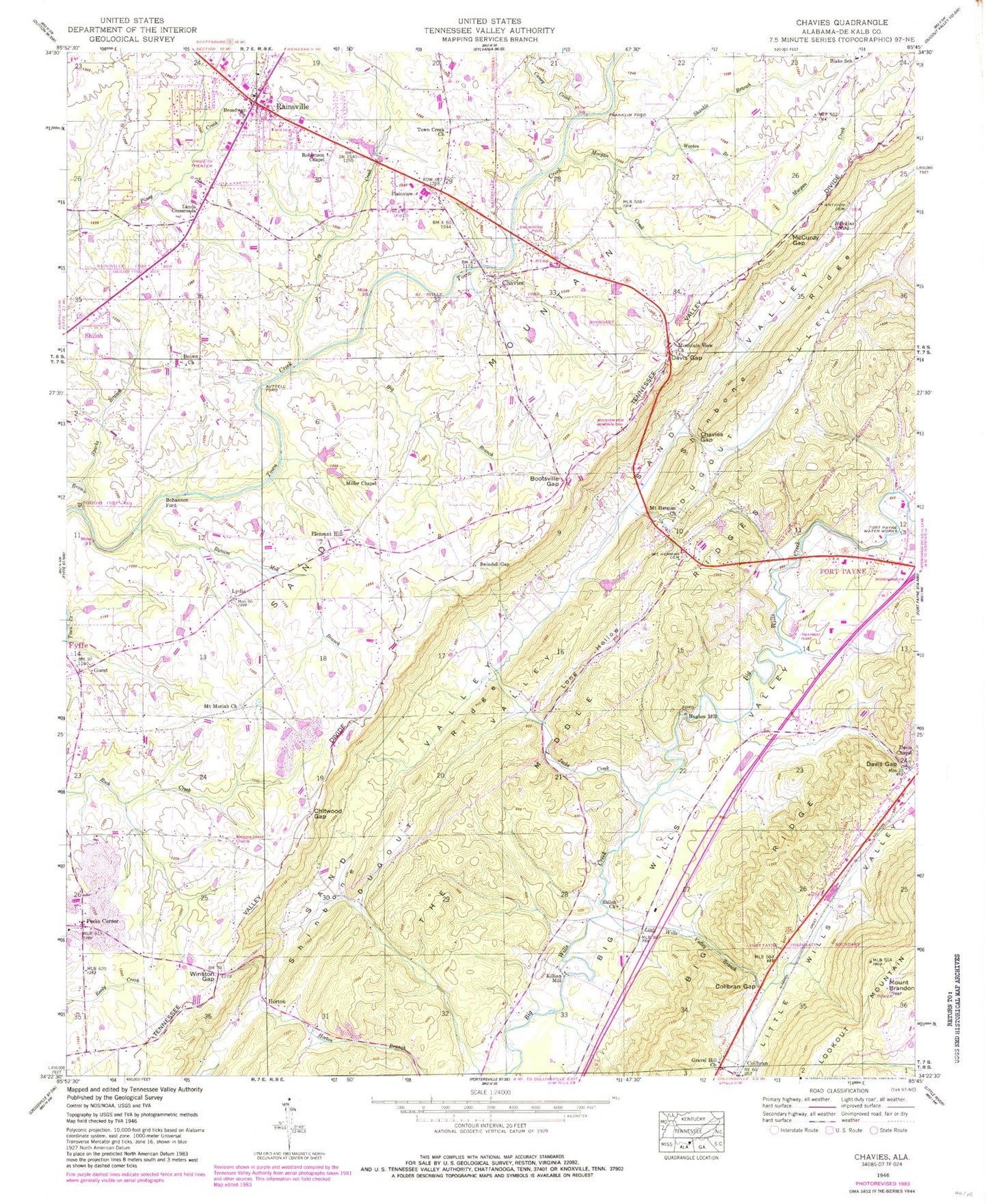 Classic USGS Chavies Alabama 7.5'x7.5' Topo Map Image