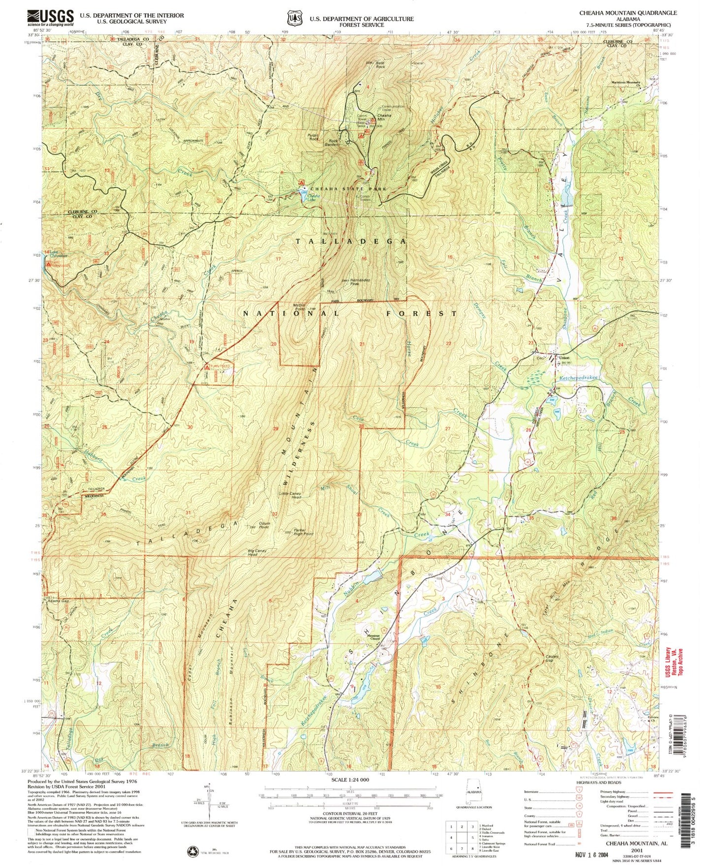 USGS Classic Cheaha Mountain Alabama 7.5'x7.5' Topo Map Image