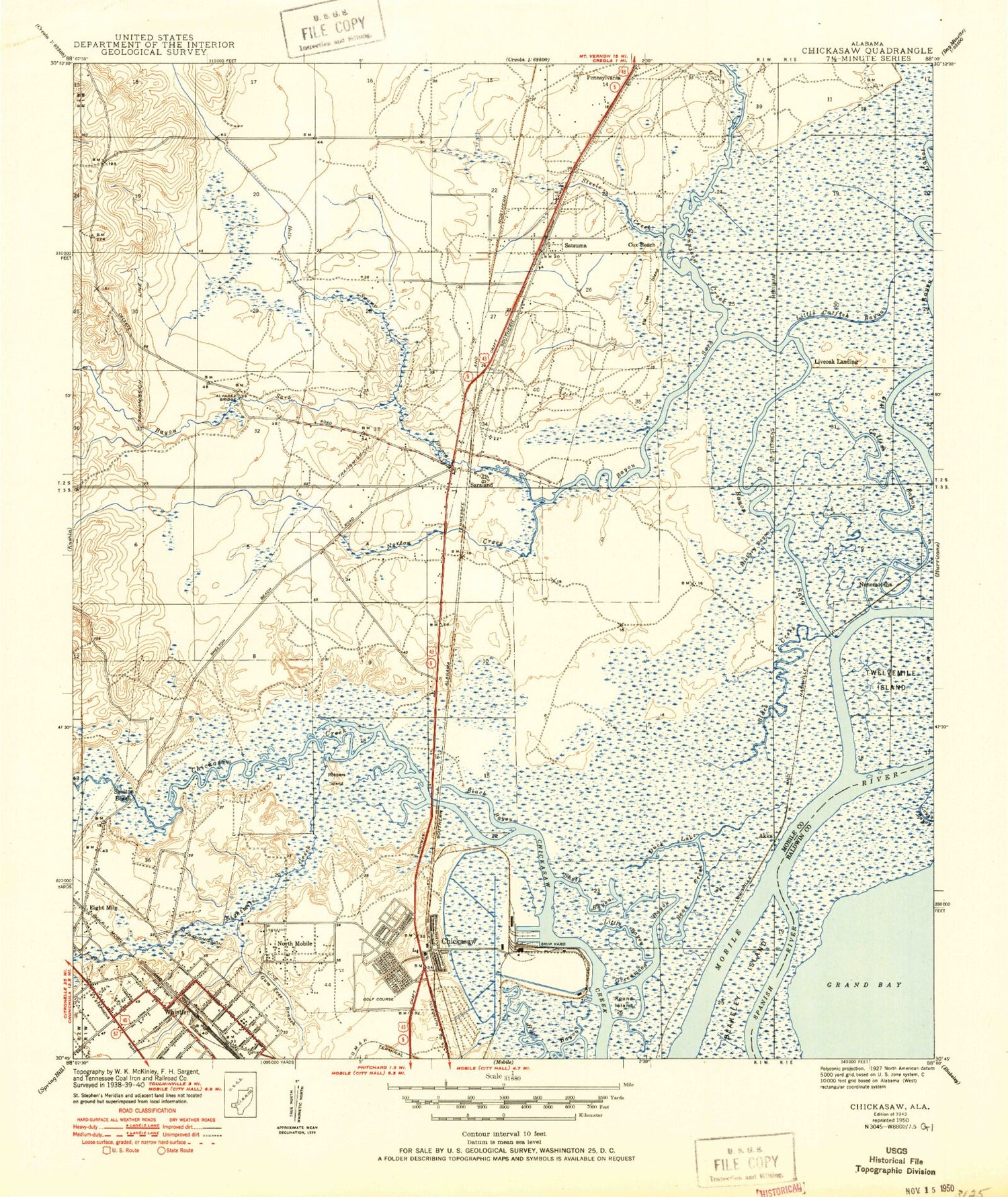 Classic USGS Chickasaw Alabama 7.5'x7.5' Topo Map Image