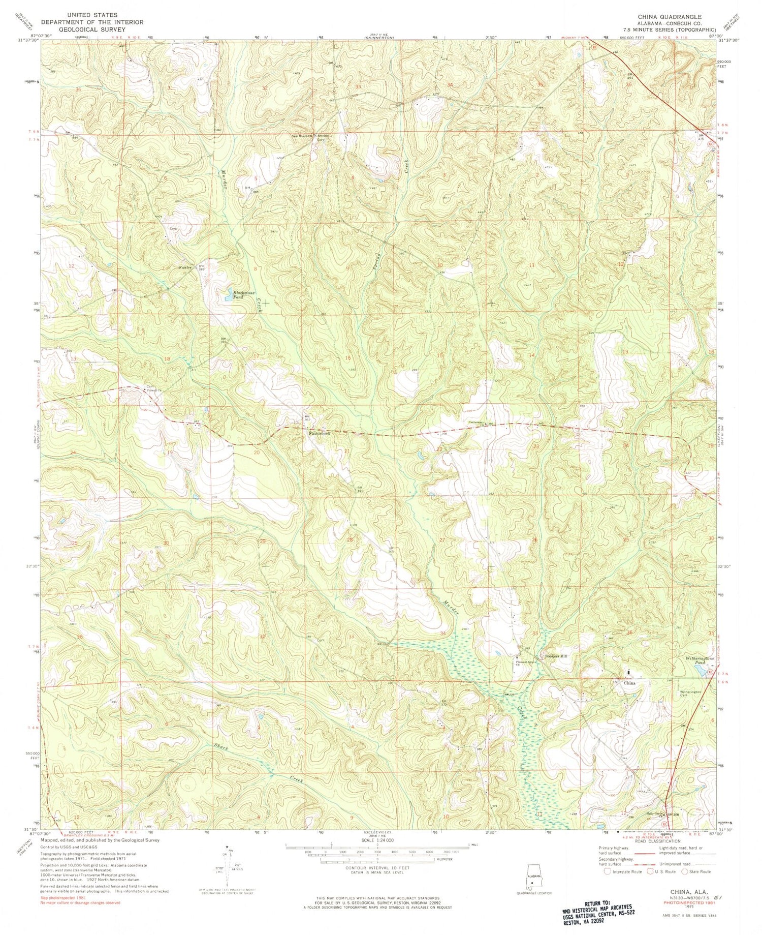 Classic USGS China Alabama 7.5'x7.5' Topo Map Image