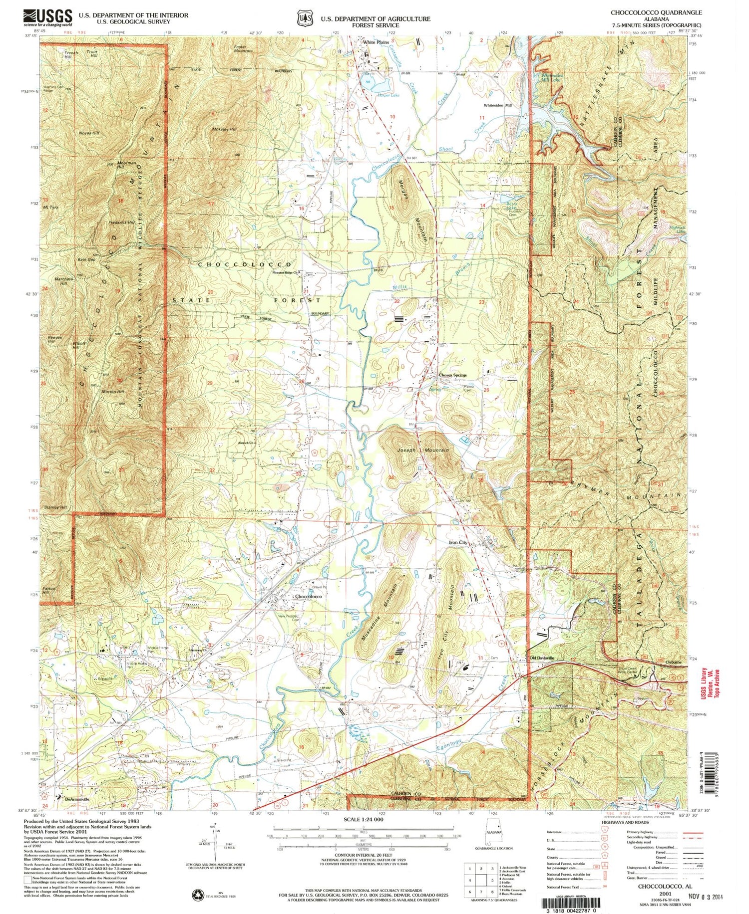 Classic USGS Choccolocco Alabama 7.5'x7.5' Topo Map Image