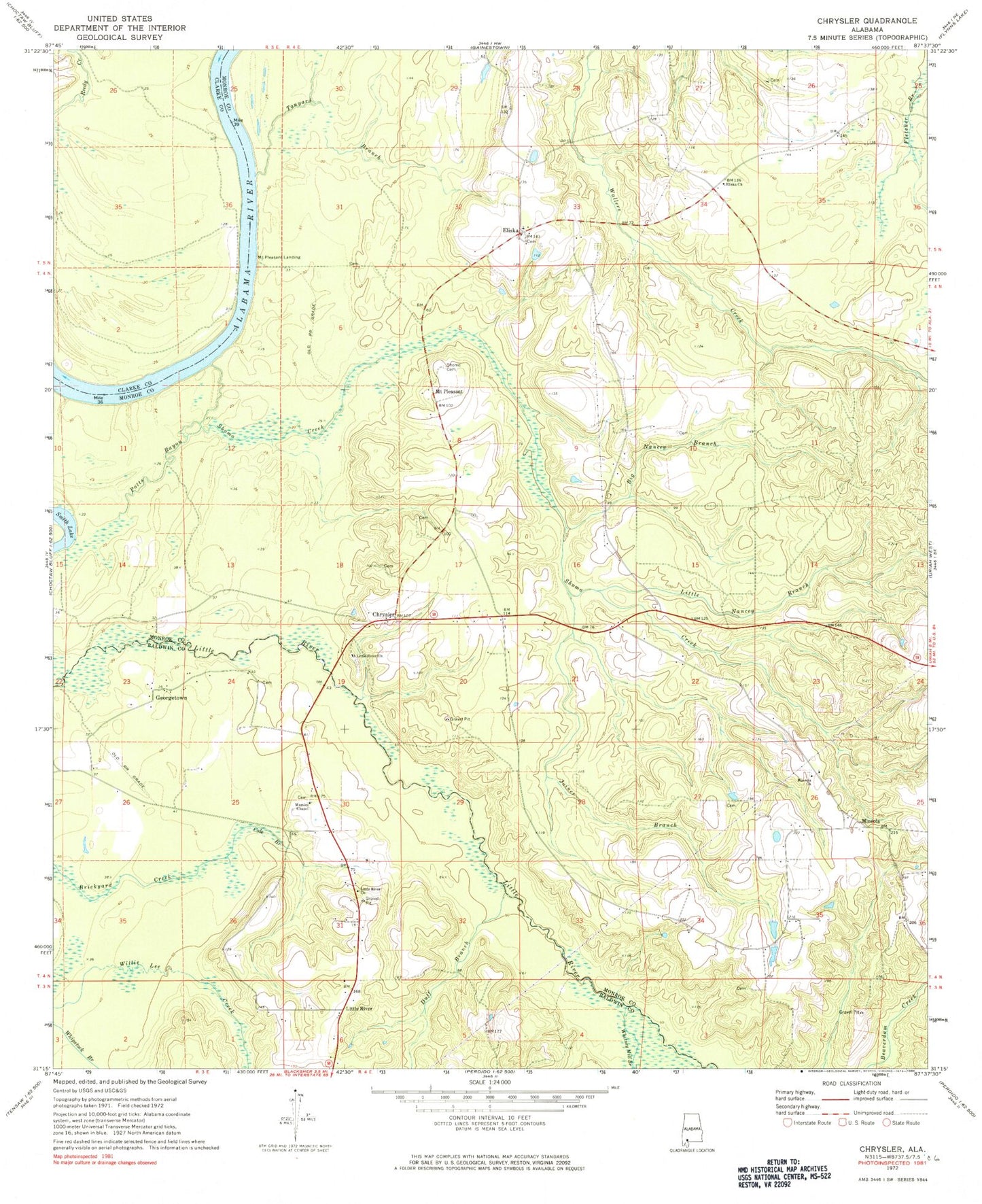 Classic USGS Chrysler Alabama 7.5'x7.5' Topo Map Image