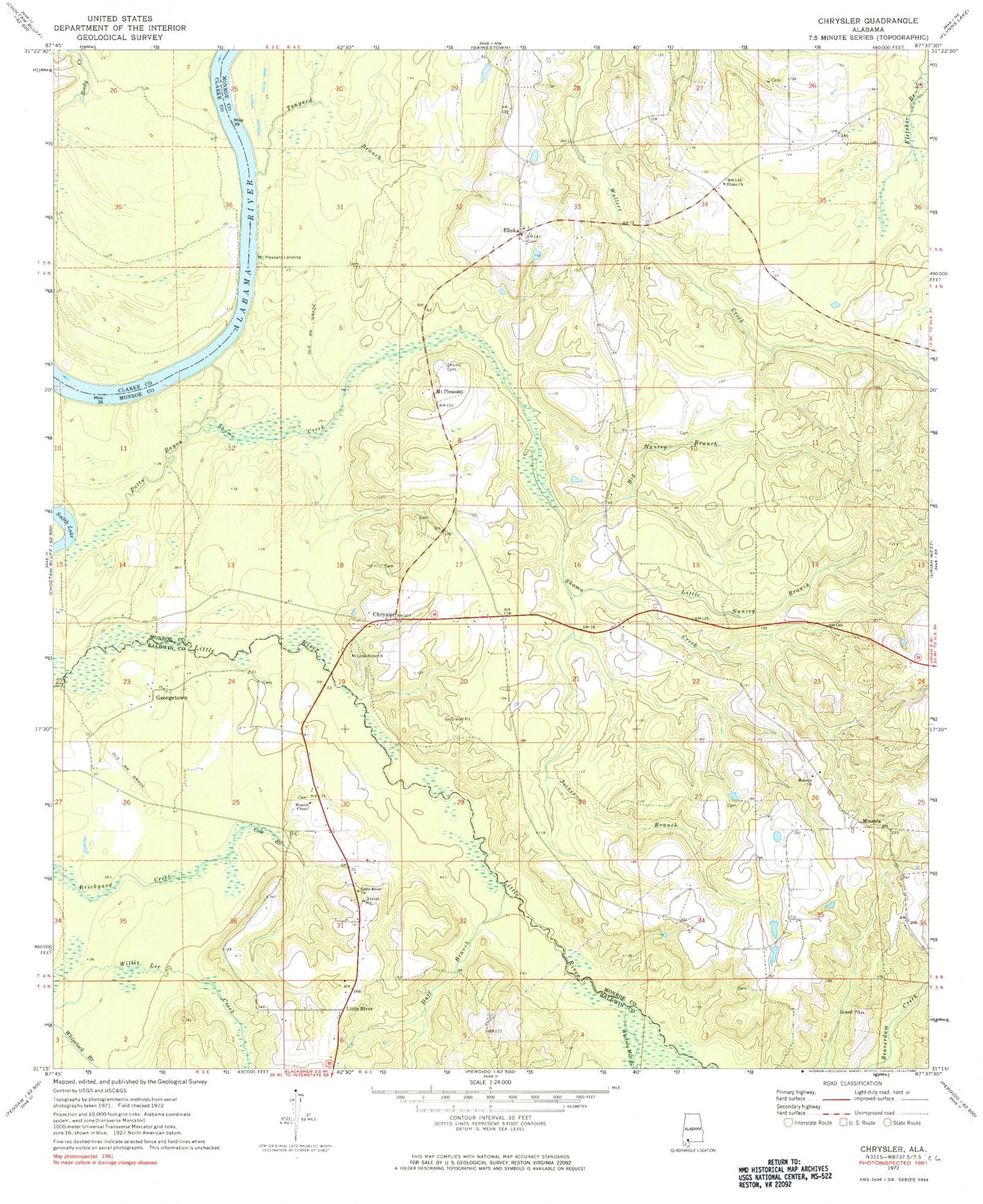 Classic USGS Chrysler Alabama 7.5'x7.5' Topo Map Image