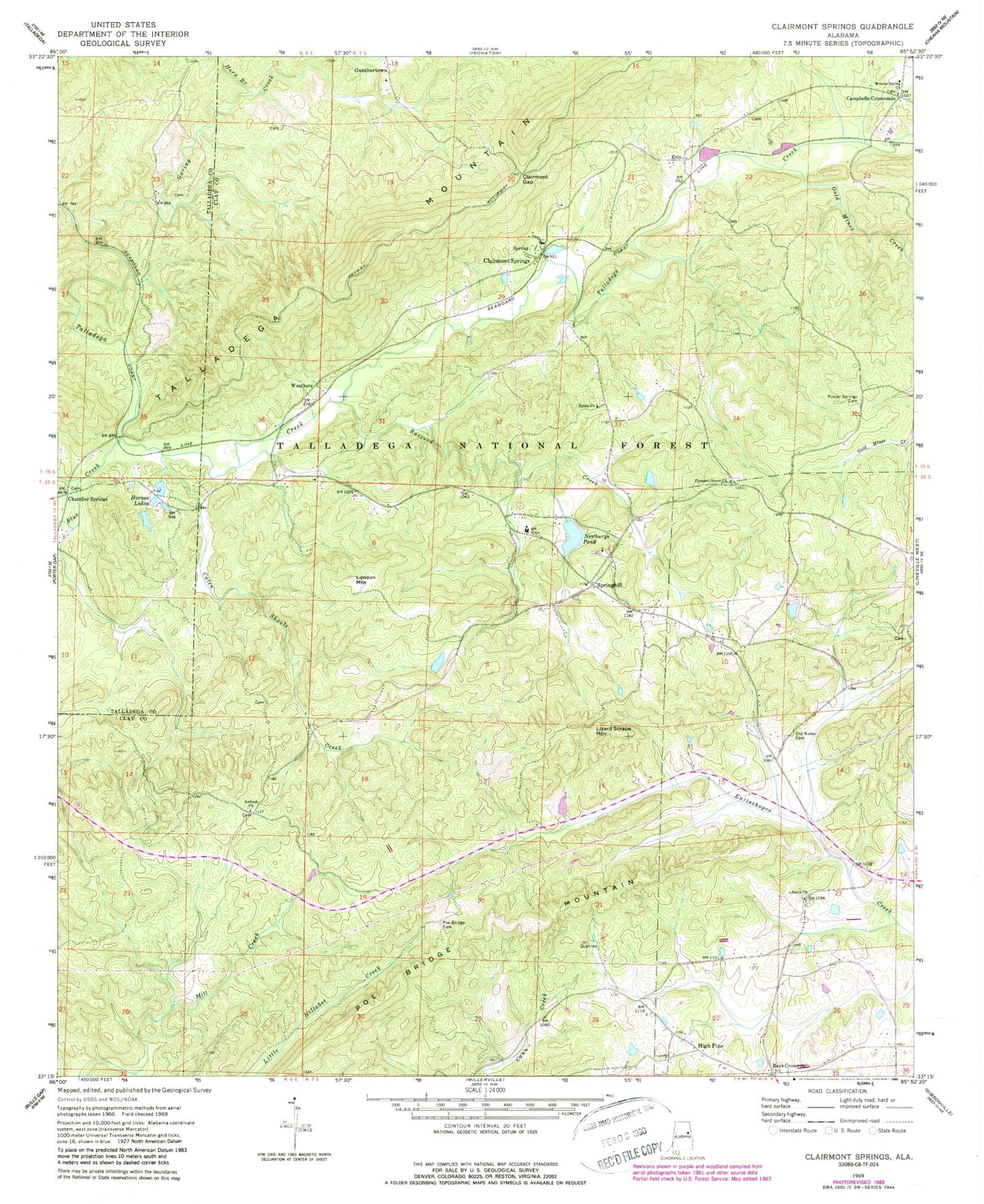 Classic USGS Clairmont Springs Alabama 7.5'x7.5' Topo Map Image