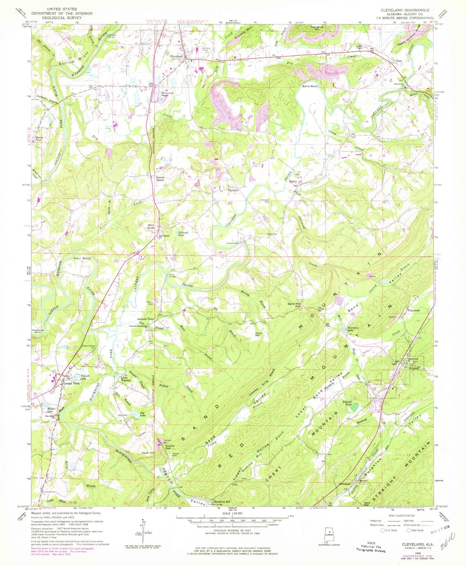 Classic USGS Cleveland Alabama 7.5'x7.5' Topo Map Image