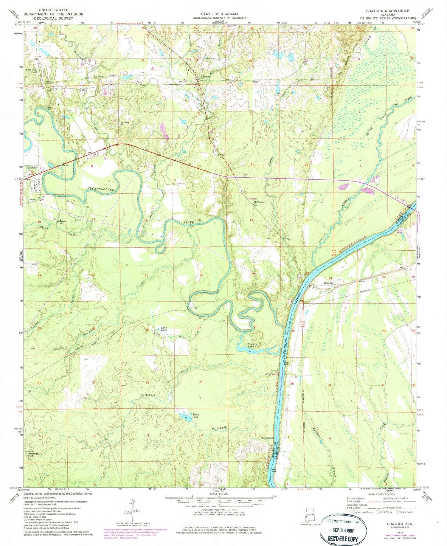Classic USGS Coatopa Alabama 7.5'x7.5' Topo Map Image