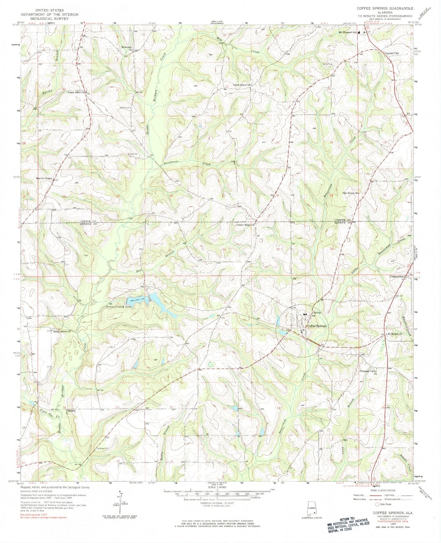 Classic USGS Coffee Springs Alabama 7.5'x7.5' Topo Map Image