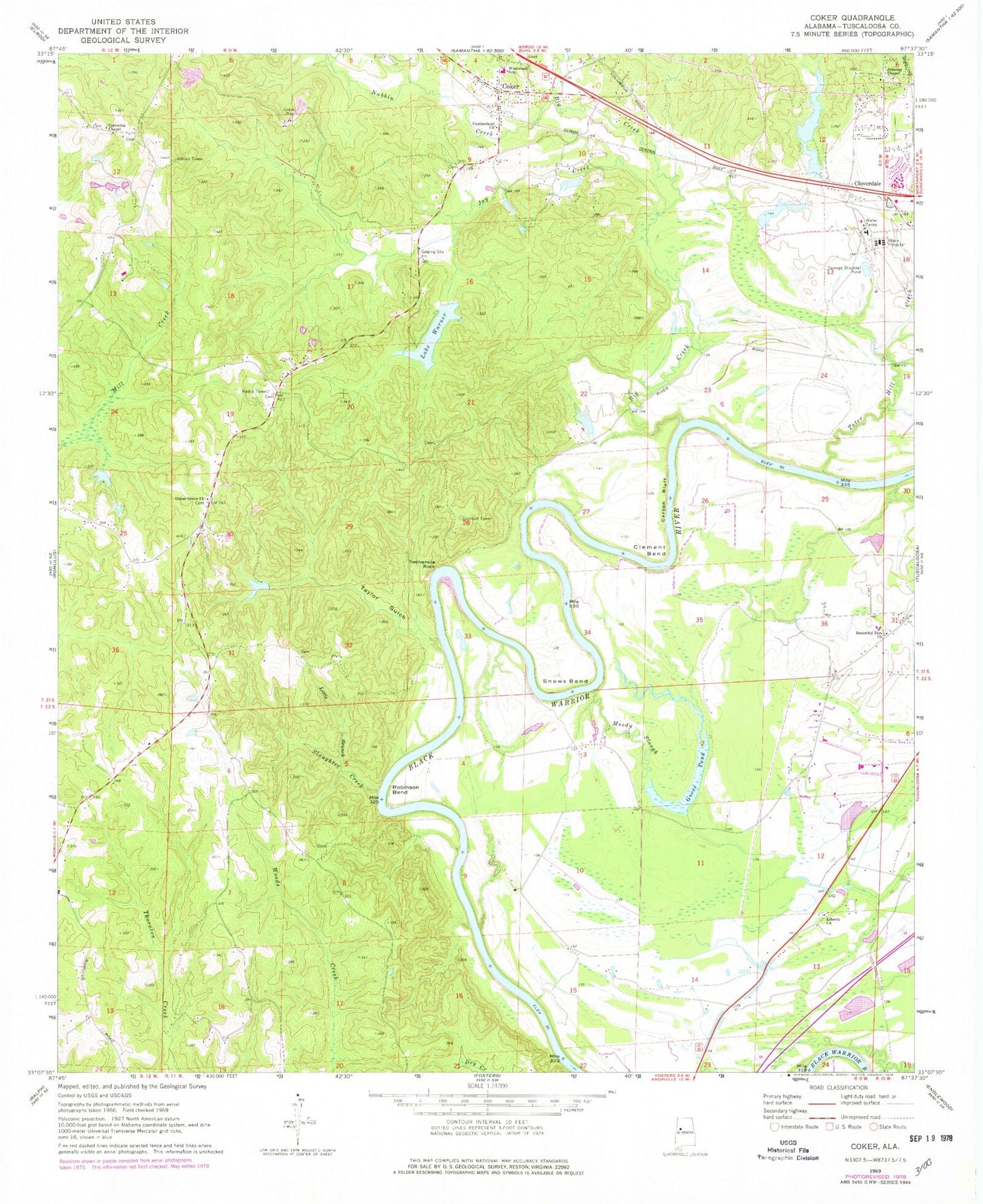 Classic USGS Coker Alabama 7.5'x7.5' Topo Map Image