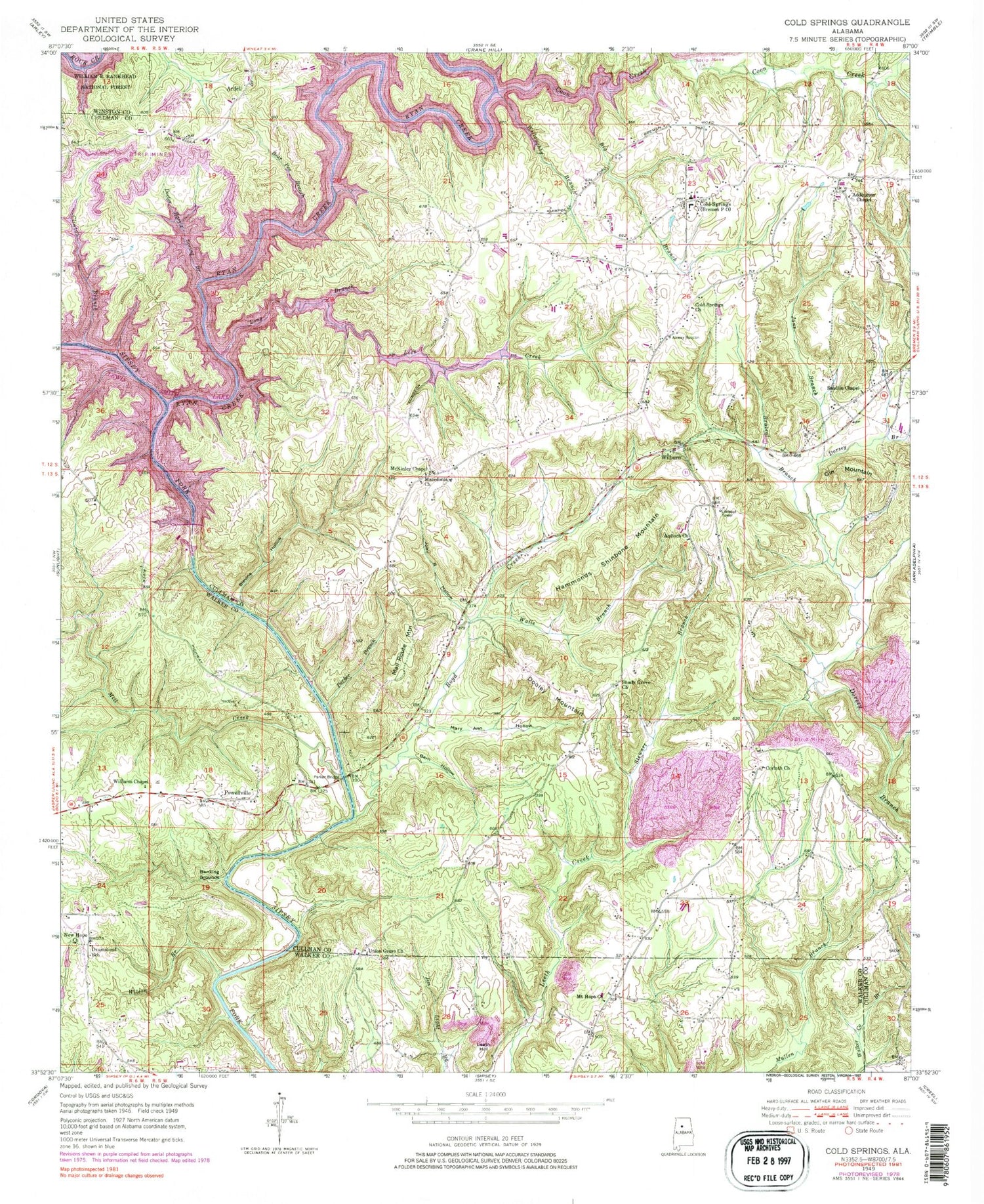 Classic USGS Cold Springs Alabama 7.5'x7.5' Topo Map Image