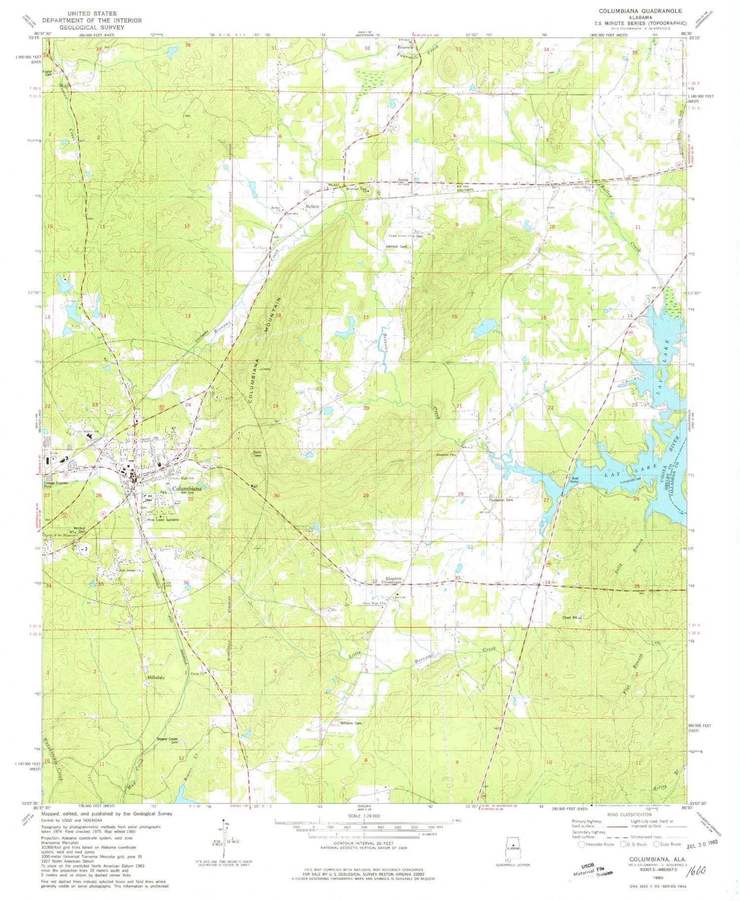 Classic USGS Columbiana Alabama 7.5'x7.5' Topo Map Image