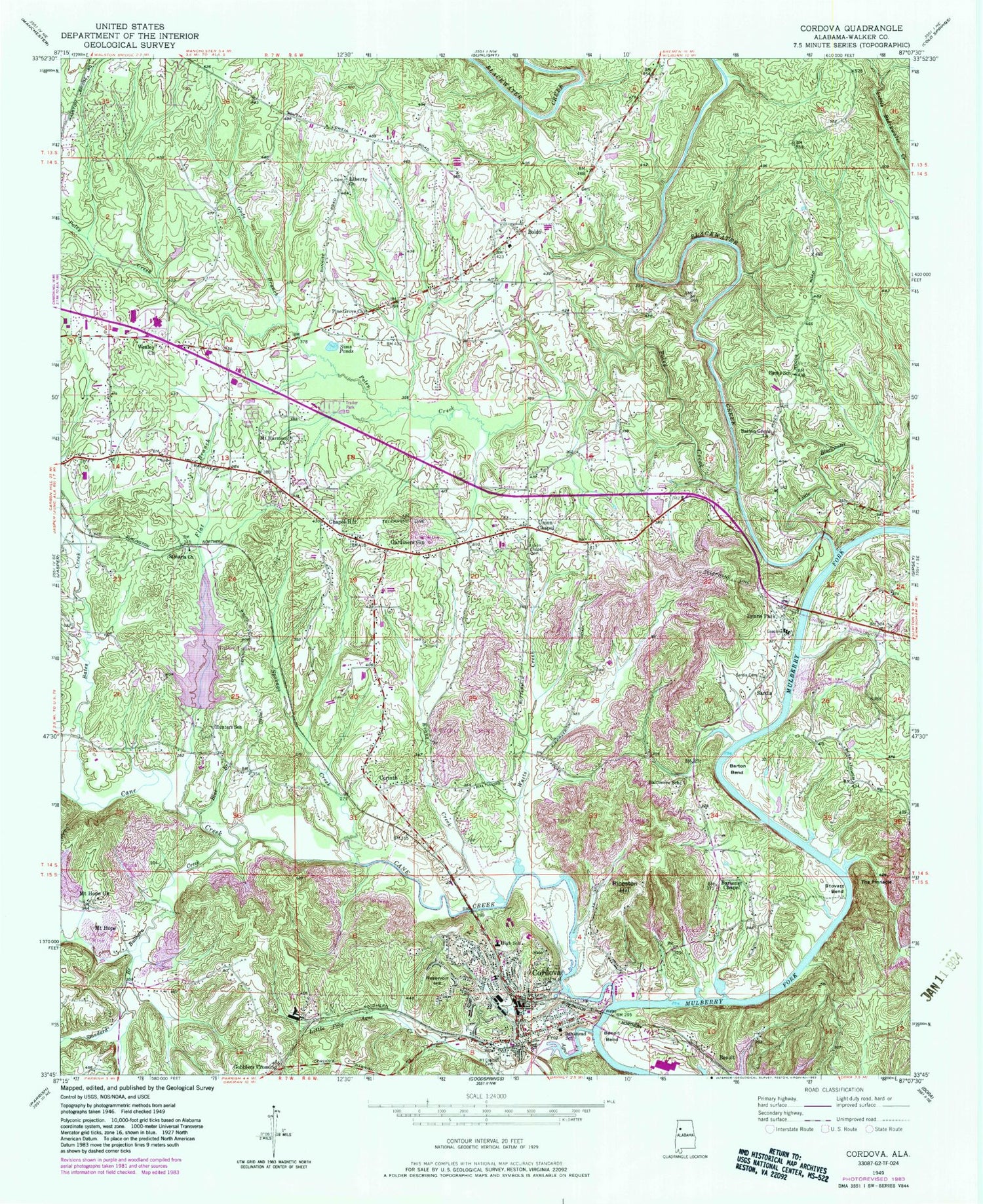 Classic USGS Cordova Alabama 7.5'x7.5' Topo Map Image