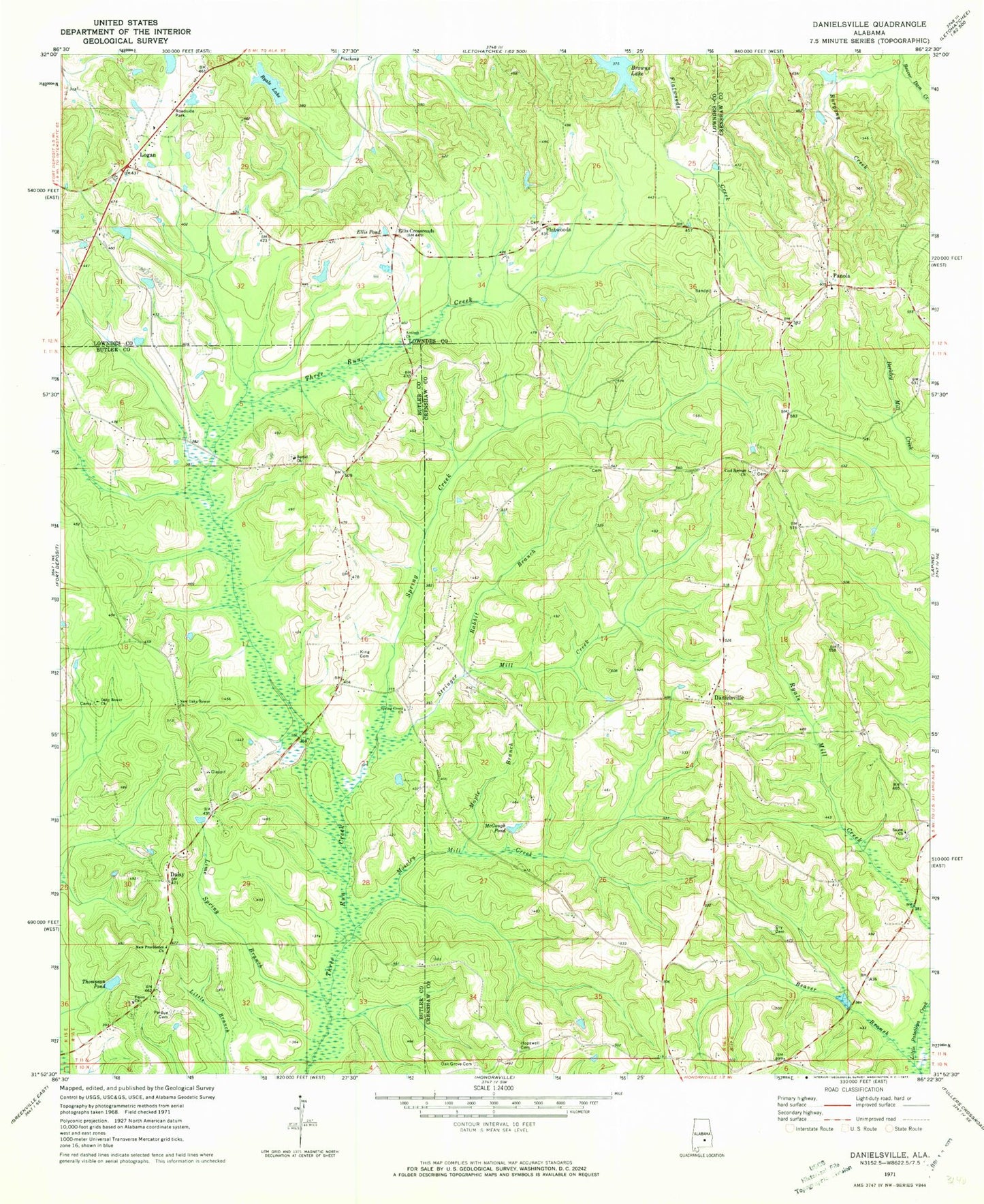 Classic USGS Danielsville Alabama 7.5'x7.5' Topo Map Image