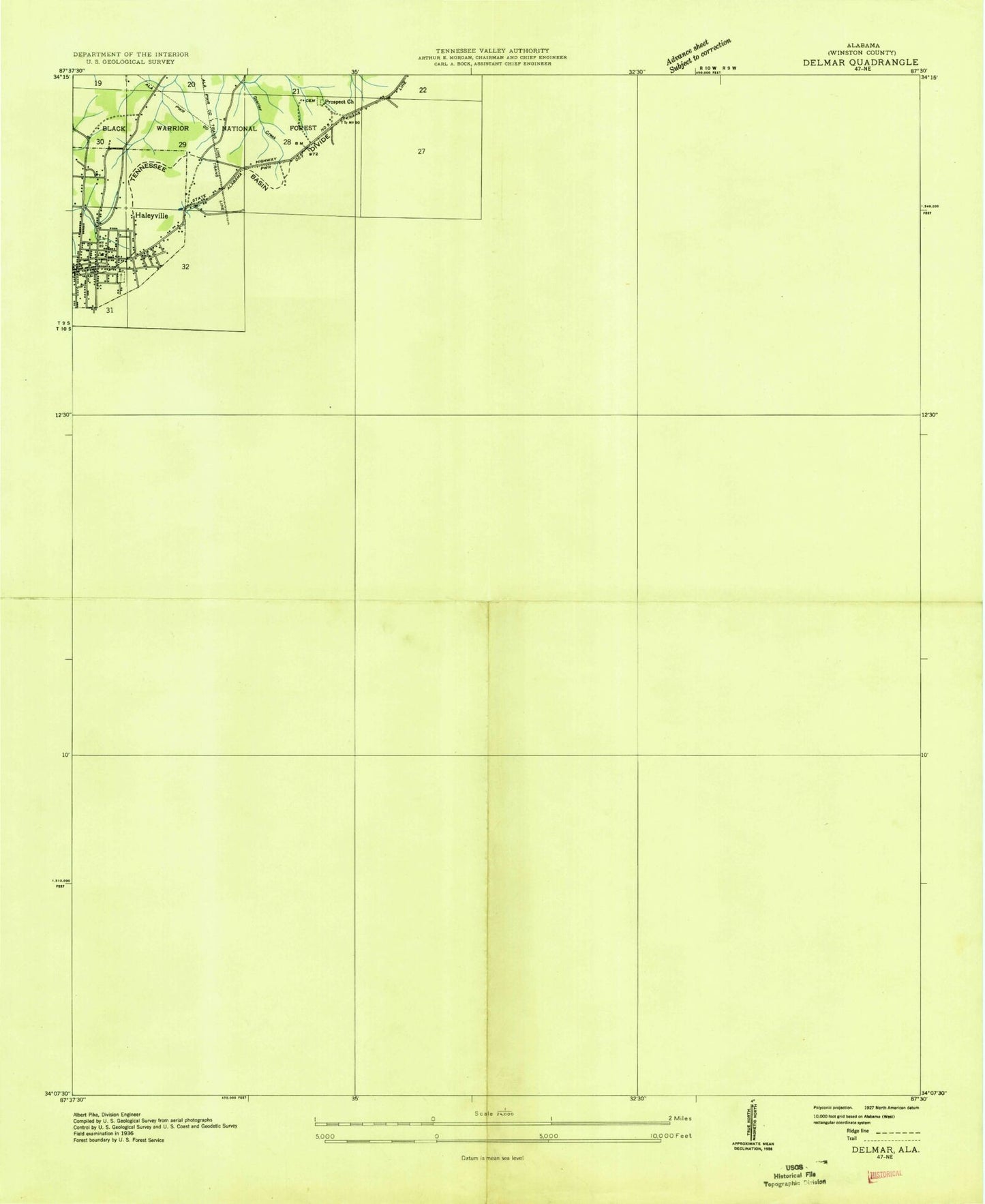 Classic USGS Haleyville East Alabama 7.5'x7.5' Topo Map Image