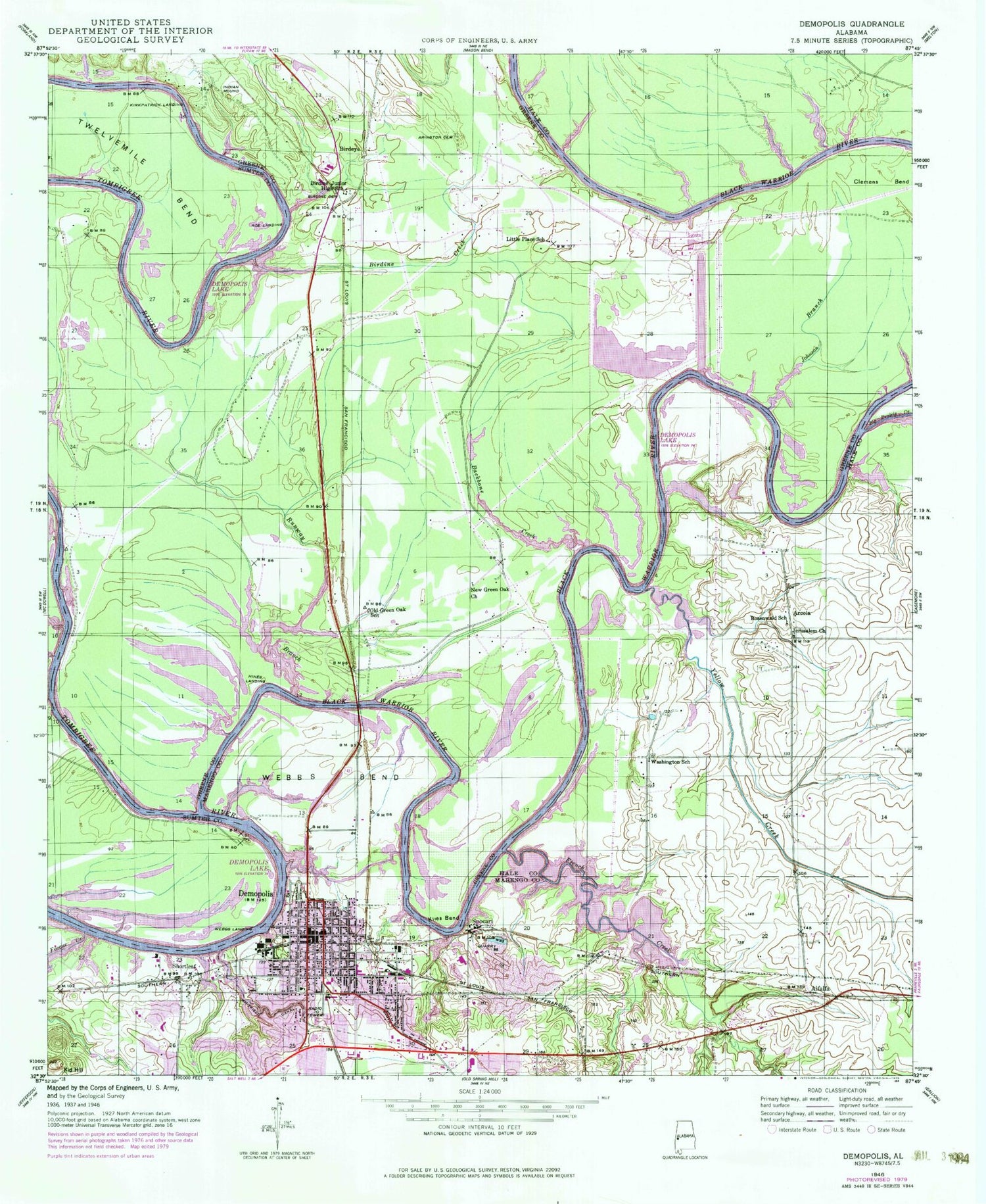 Classic USGS Demopolis Alabama 7.5'x7.5' Topo Map Image