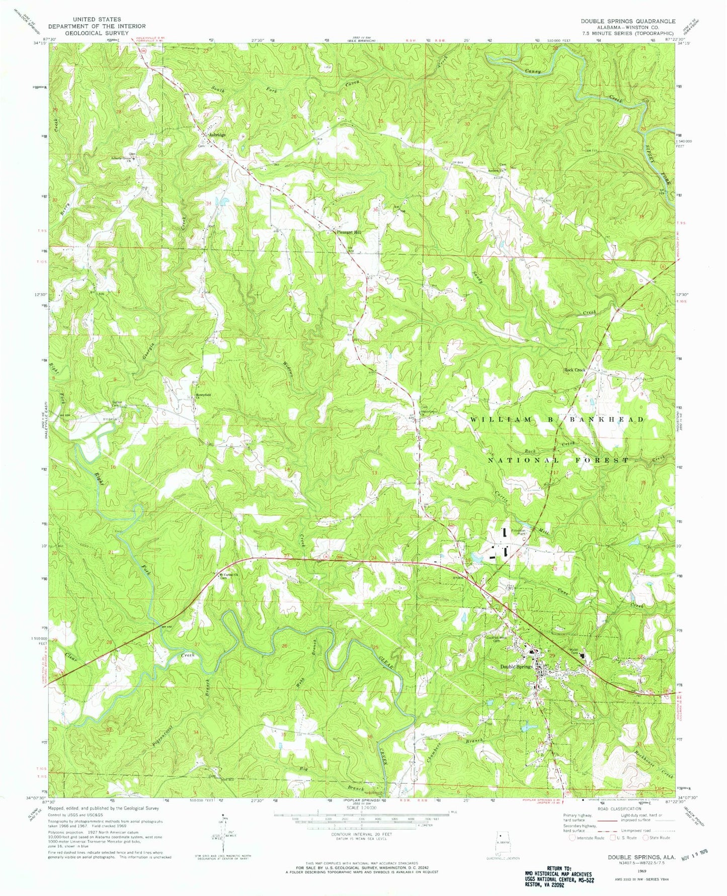 Classic USGS Double Springs Alabama 7.5'x7.5' Topo Map Image
