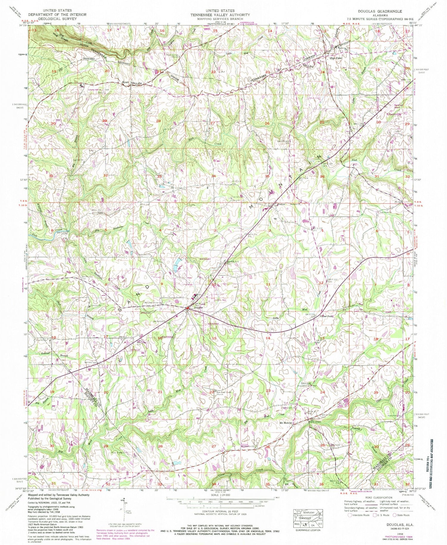 Classic USGS Douglas Alabama 7.5'x7.5' Topo Map Image