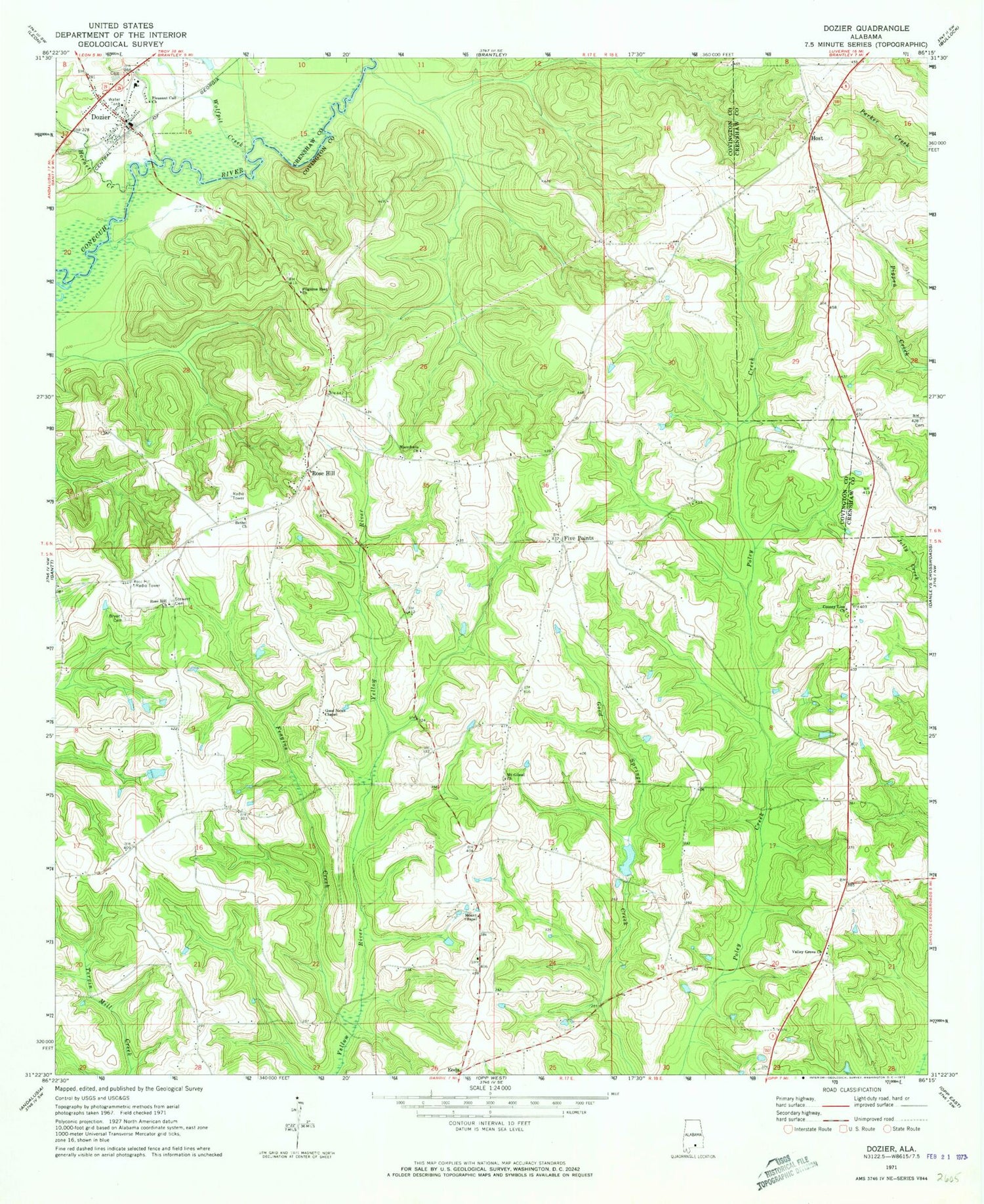 Classic USGS Dozier Alabama 7.5'x7.5' Topo Map Image