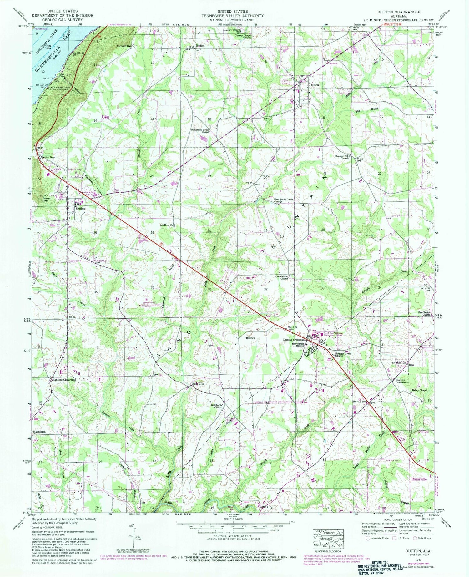 Classic USGS Dutton Alabama 7.5'x7.5' Topo Map Image