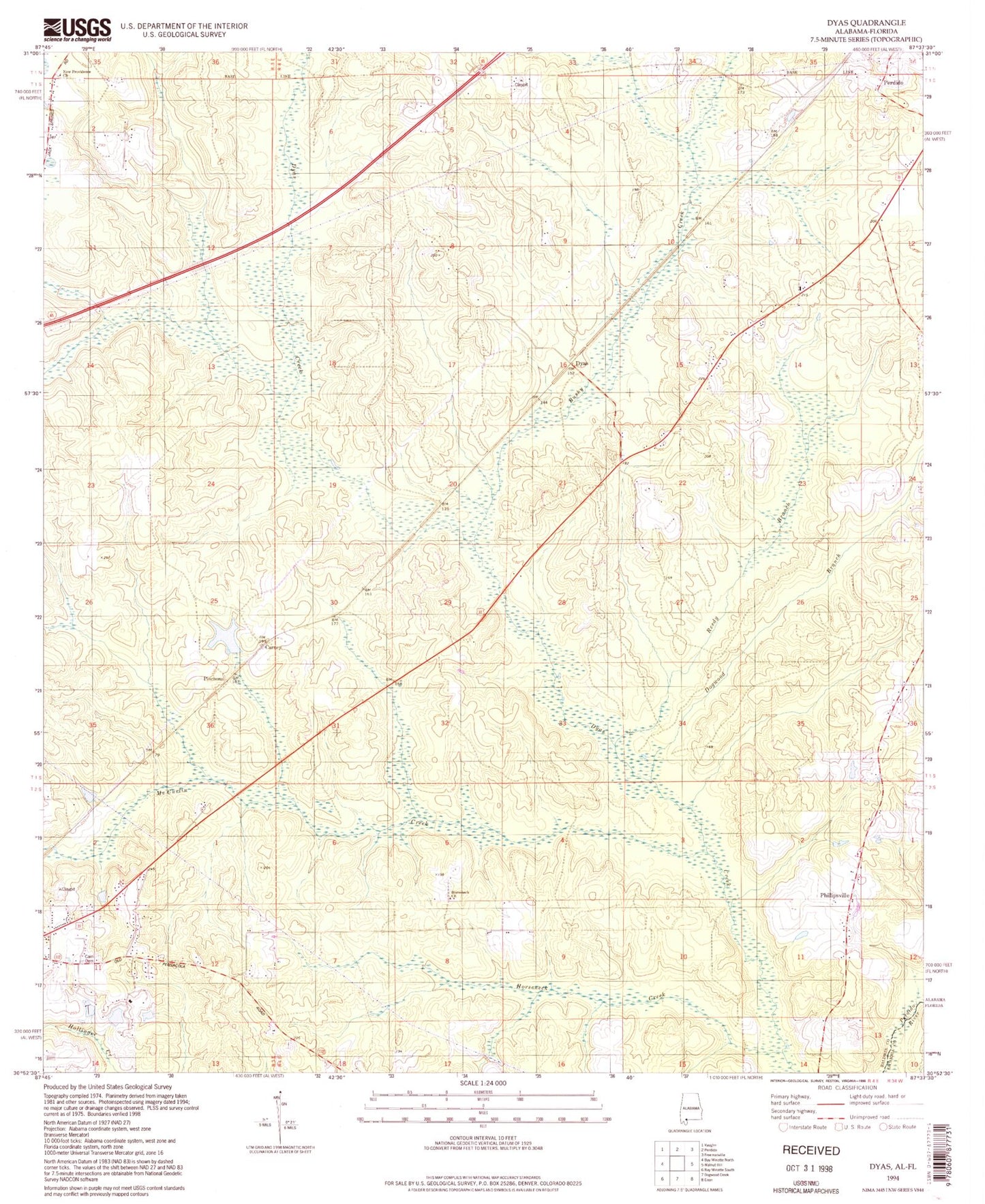 Classic USGS Dyas Alabama 7.5'x7.5' Topo Map Image
