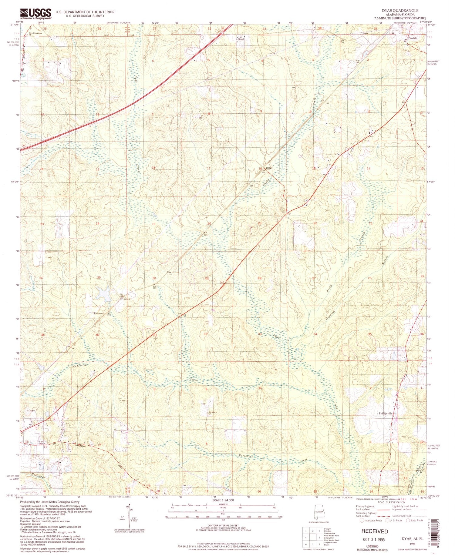 Classic USGS Dyas Alabama 7.5'x7.5' Topo Map Image