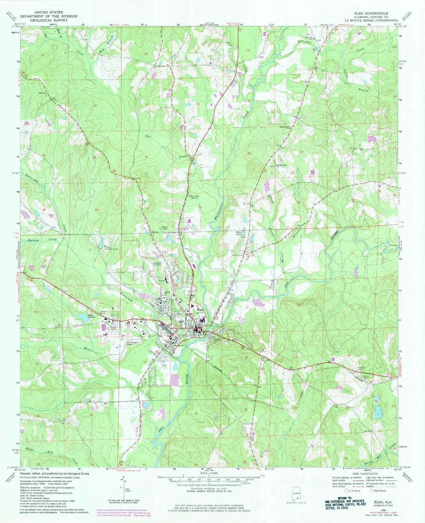 Classic USGS Elba Alabama 7.5'x7.5' Topo Map Image