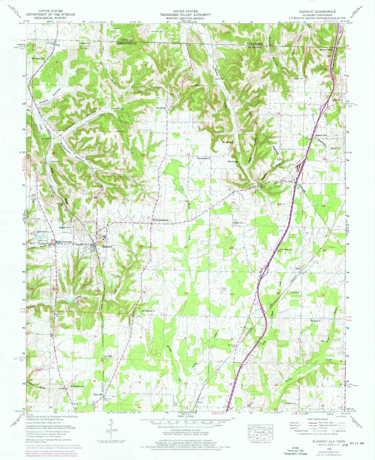 Classic USGS Elkmont Alabama 7.5'x7.5' Topo Map Image