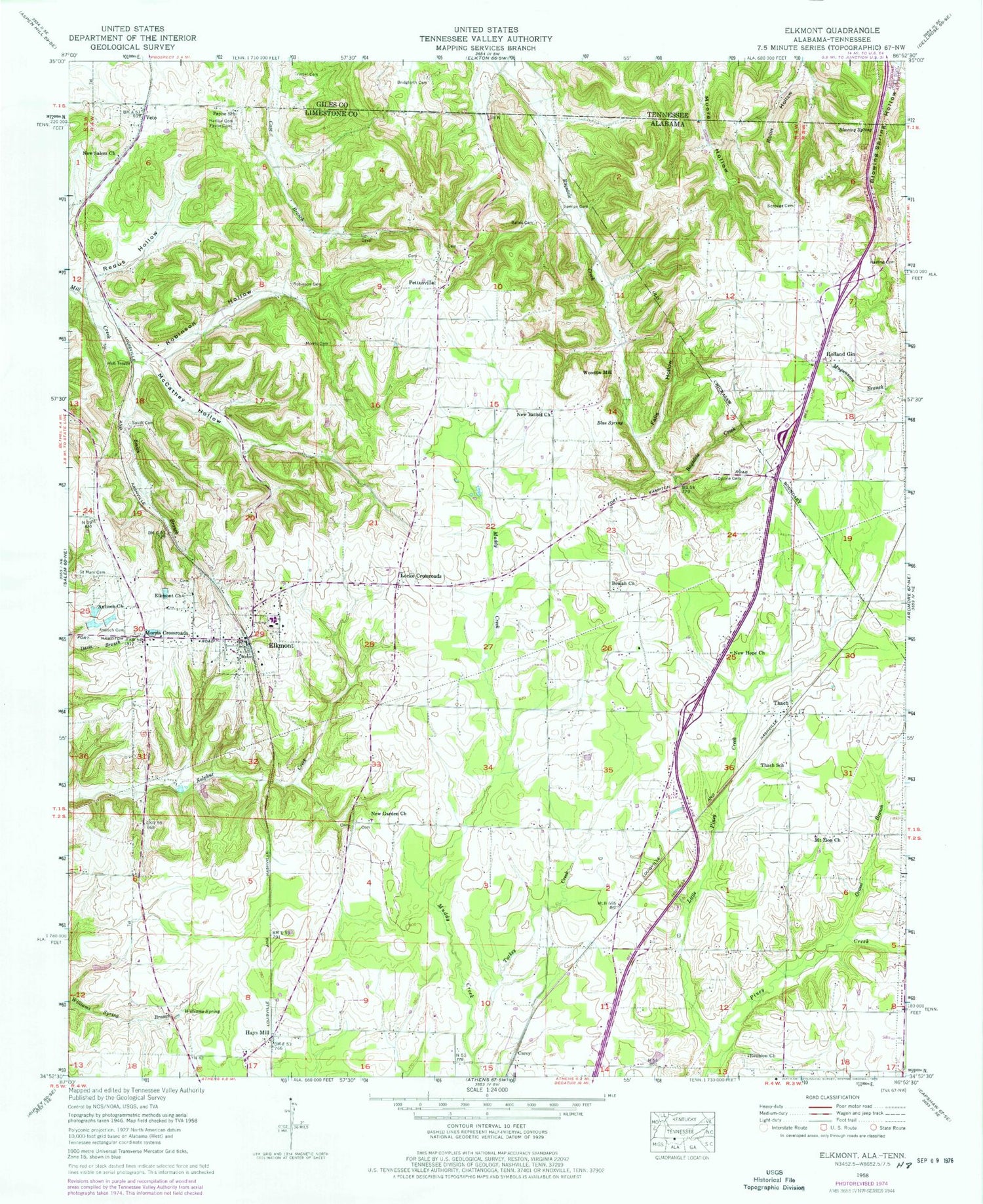 Classic USGS Elkmont Alabama 7.5'x7.5' Topo Map Image