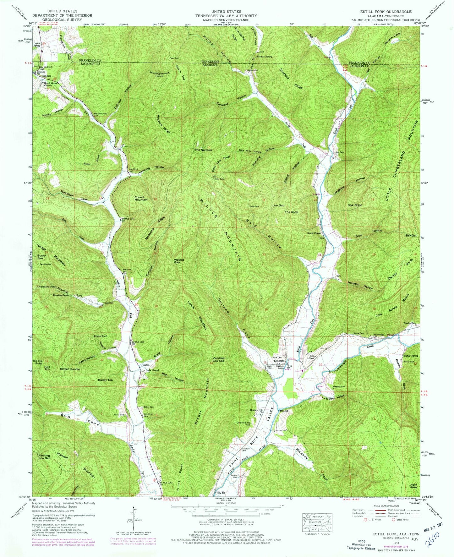 Classic USGS Estill Fork Alabama 7.5'x7.5' Topo Map Image