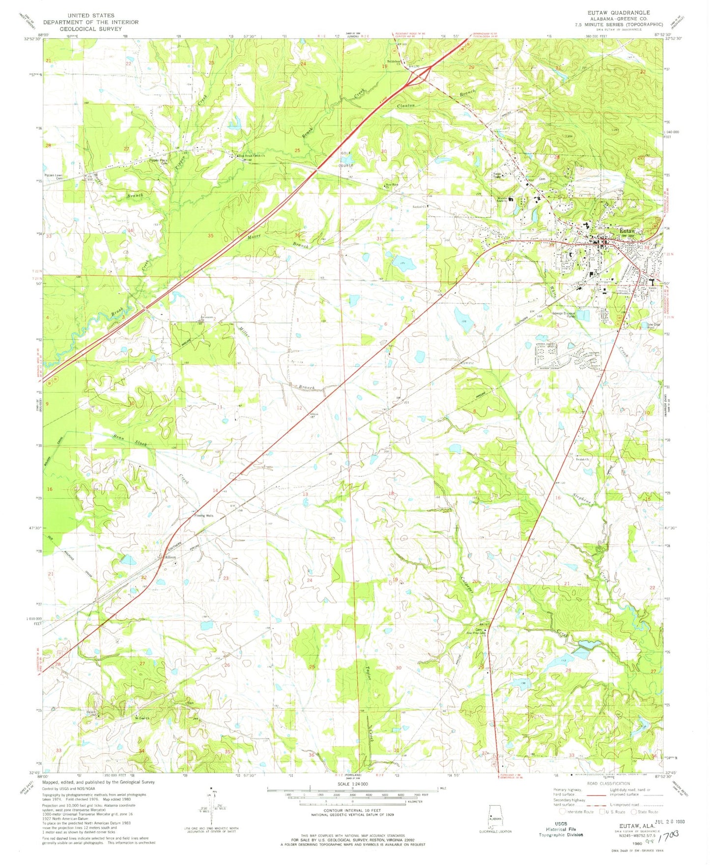 Classic USGS Eutaw Alabama 7.5'x7.5' Topo Map Image