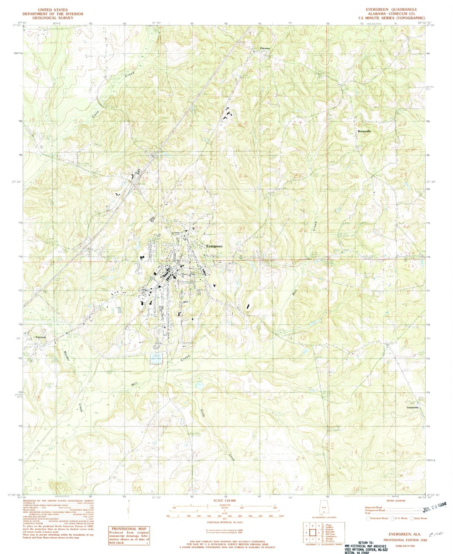 Classic USGS Evergreen Alabama 7.5'x7.5' Topo Map Image
