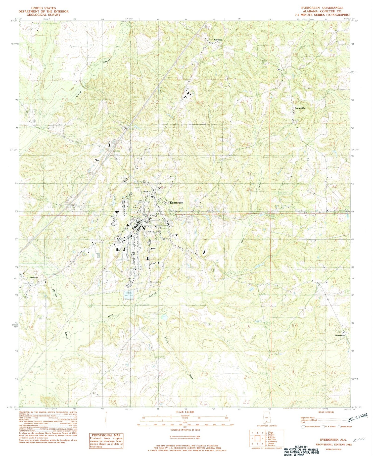 Classic USGS Evergreen Alabama 7.5'x7.5' Topo Map Image