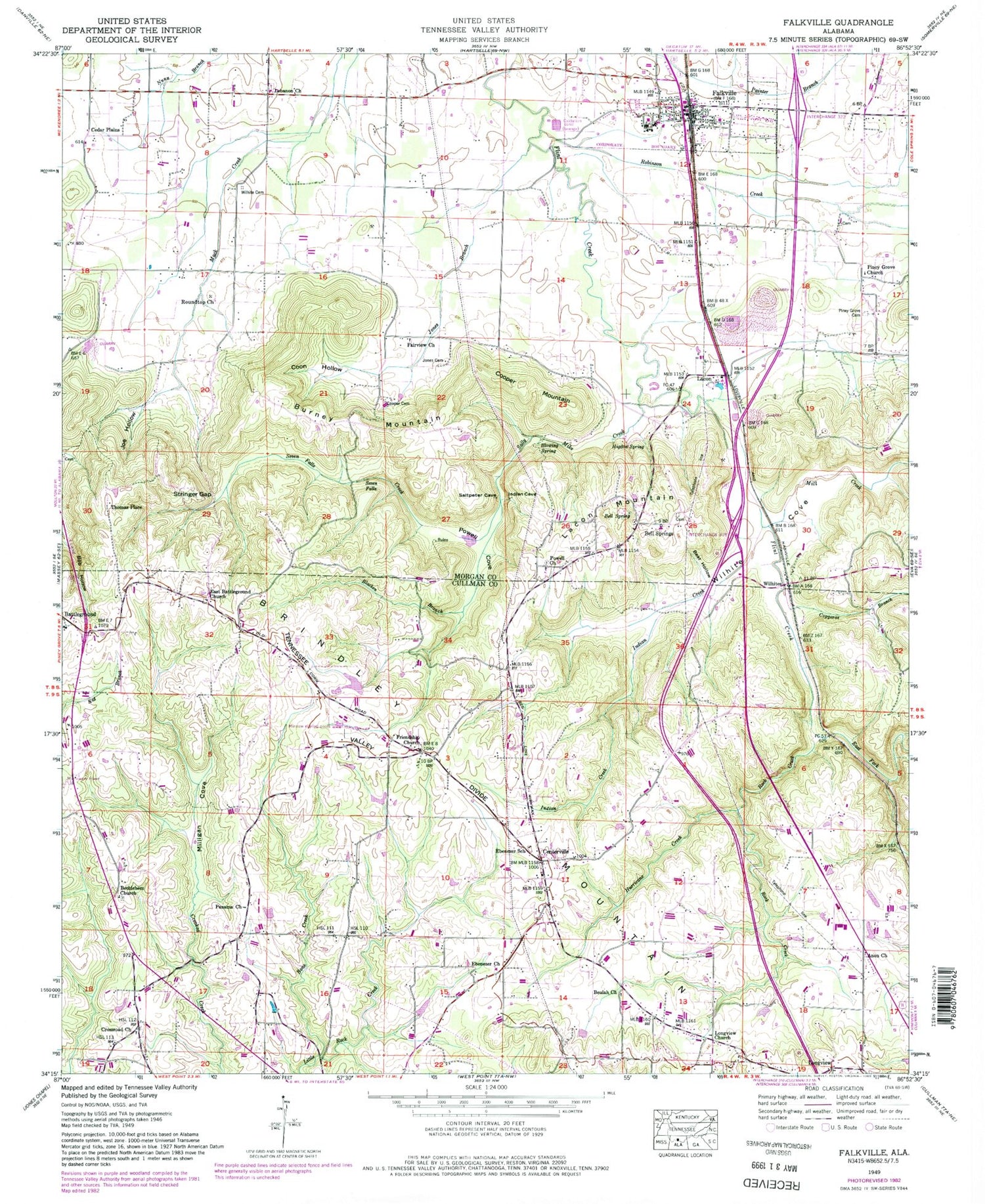 Classic USGS Falkville Alabama 7.5'x7.5' Topo Map Image