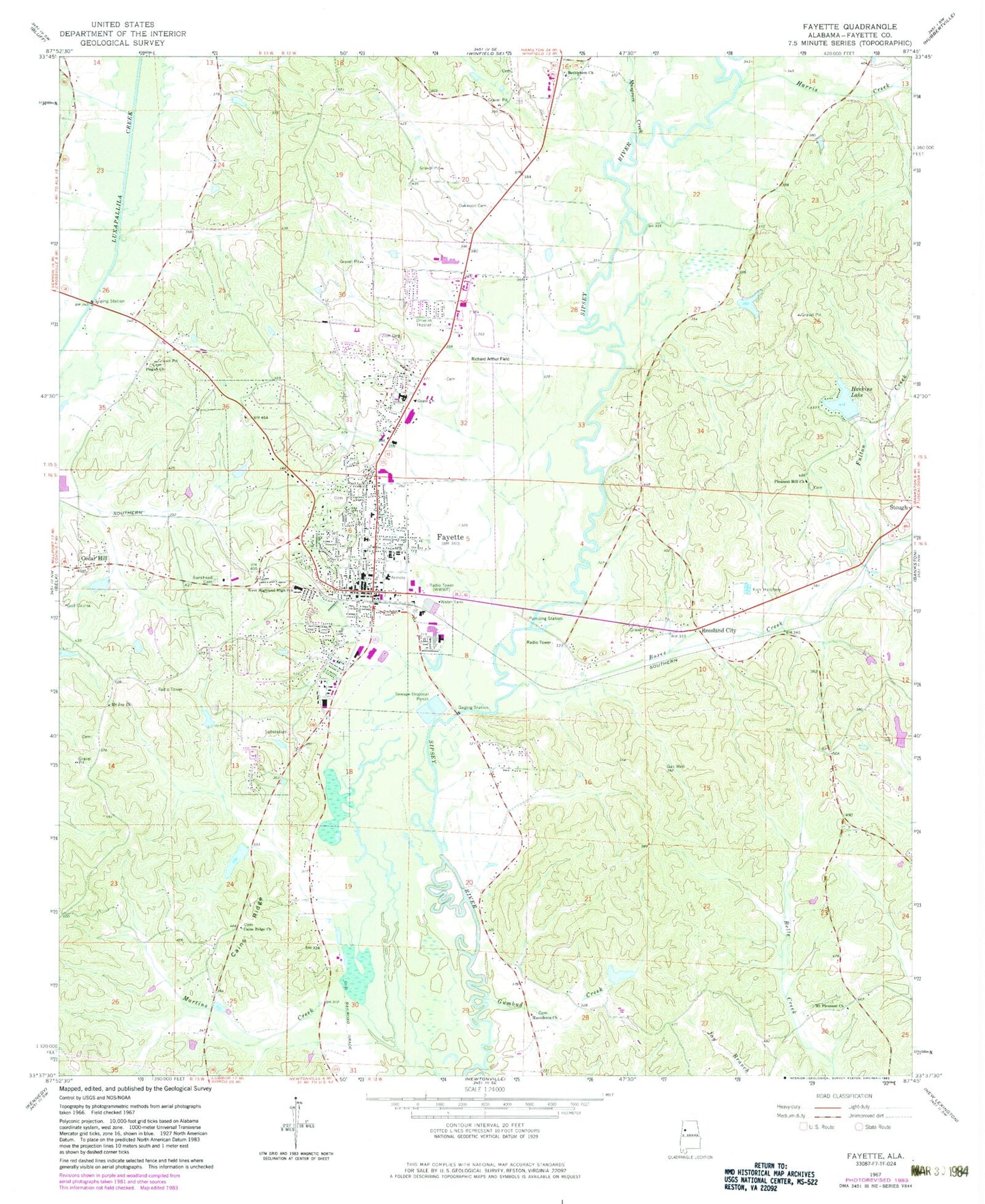 Classic USGS Fayette Alabama 7.5'x7.5' Topo Map Image