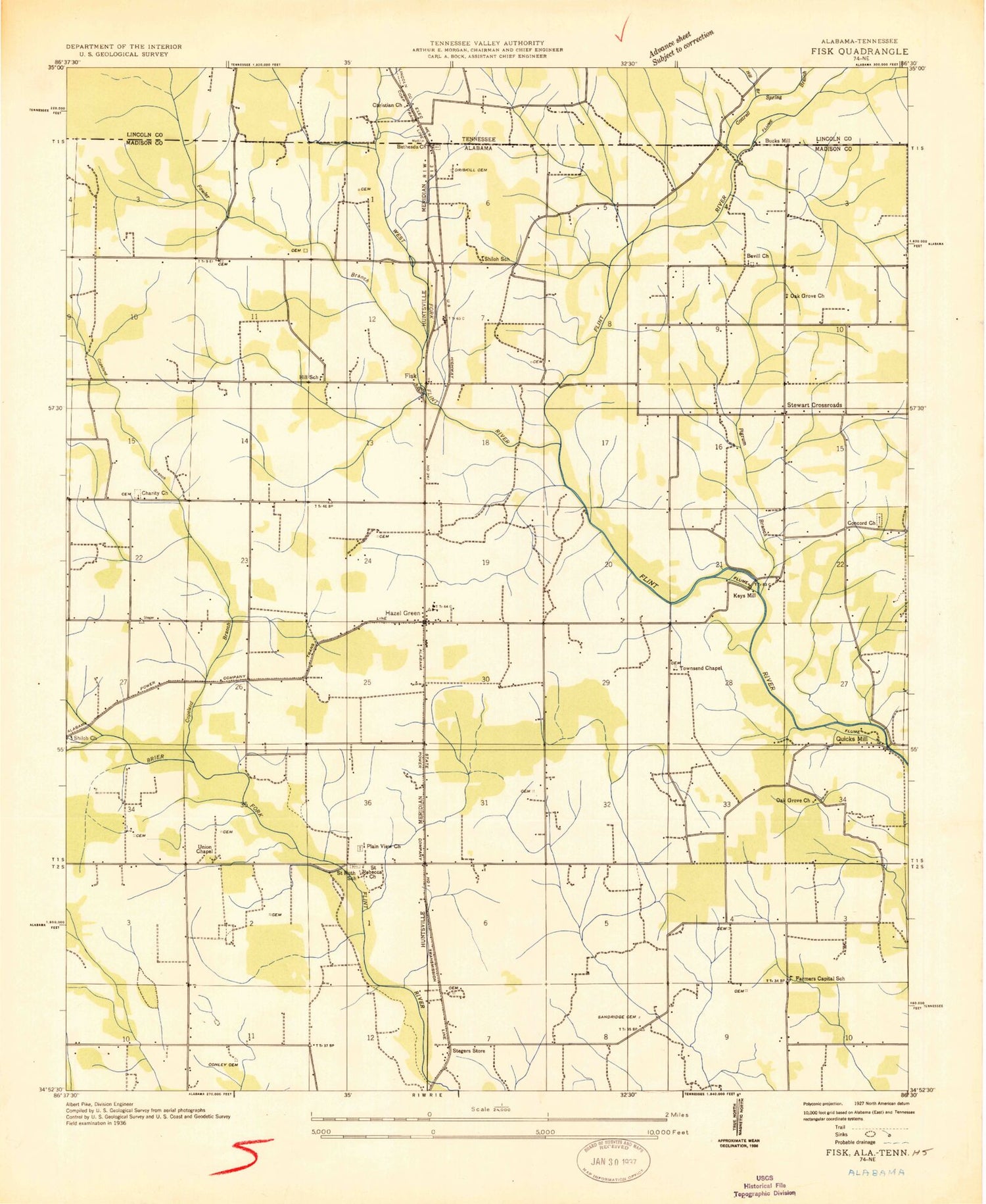 Classic USGS Fisk Alabama 7.5'x7.5' Topo Map Image