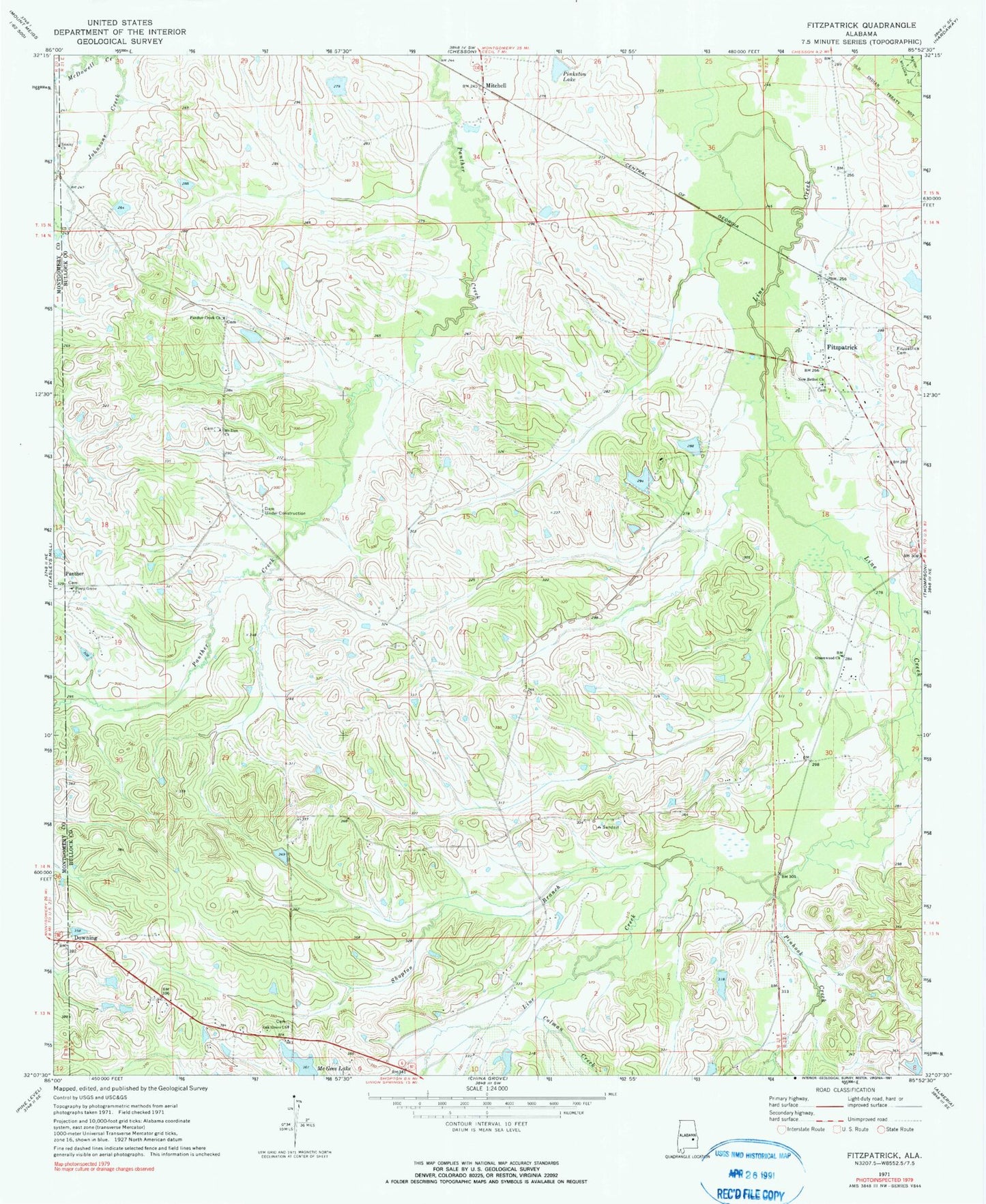 Classic USGS Fitzpatrick Alabama 7.5'x7.5' Topo Map Image