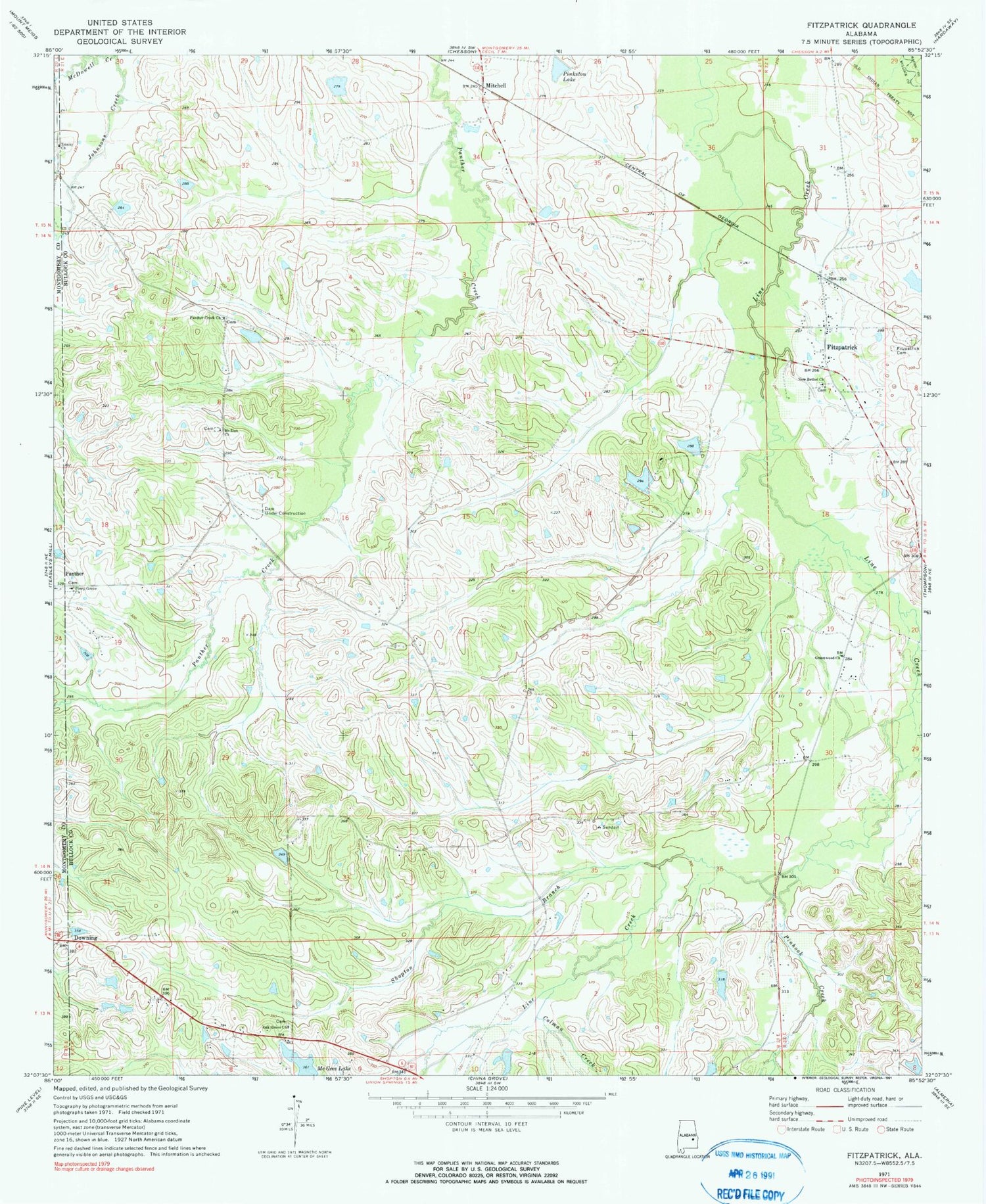 Classic USGS Fitzpatrick Alabama 7.5'x7.5' Topo Map Image