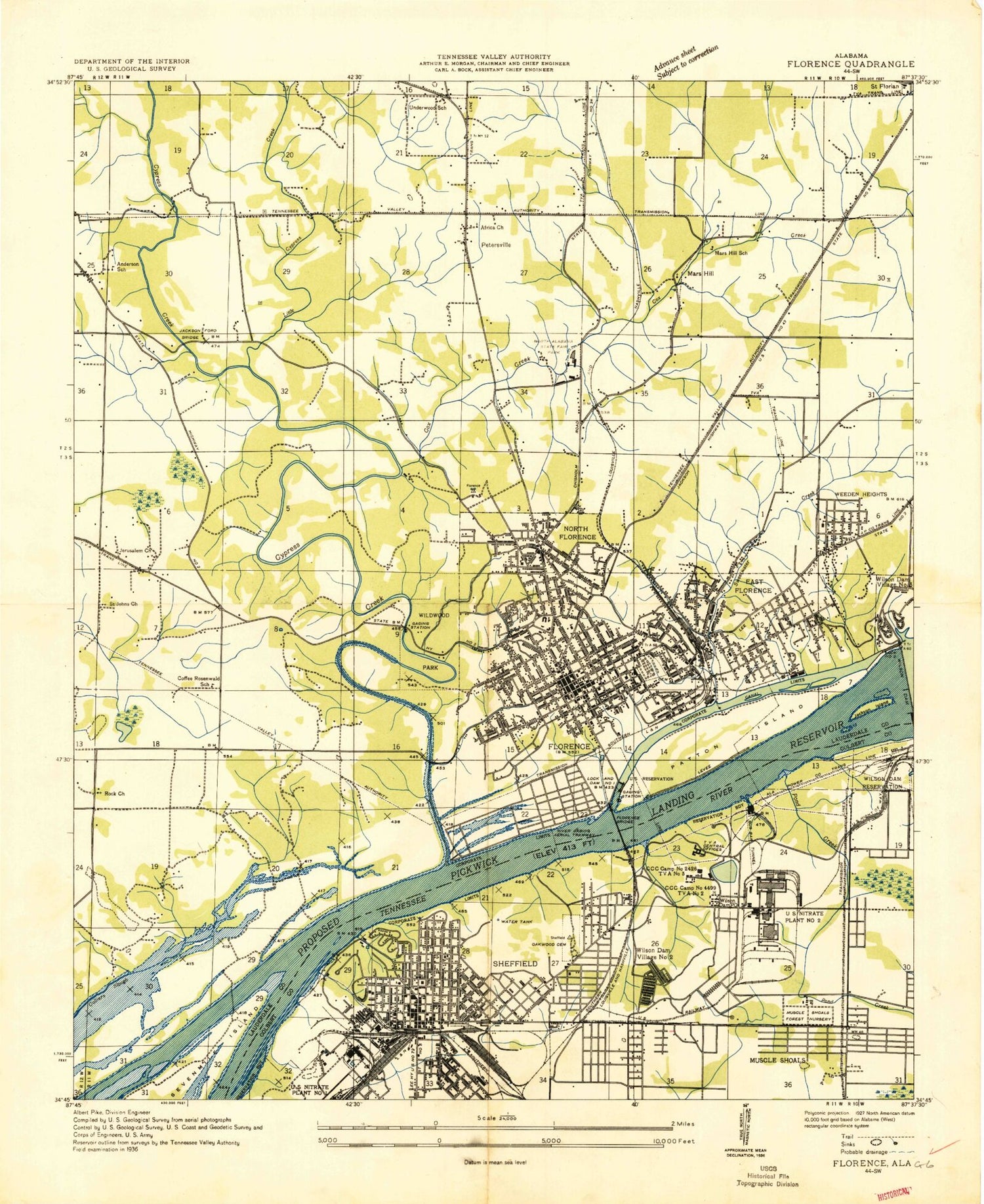 Classic USGS Florence Alabama 7.5'x7.5' Topo Map Image