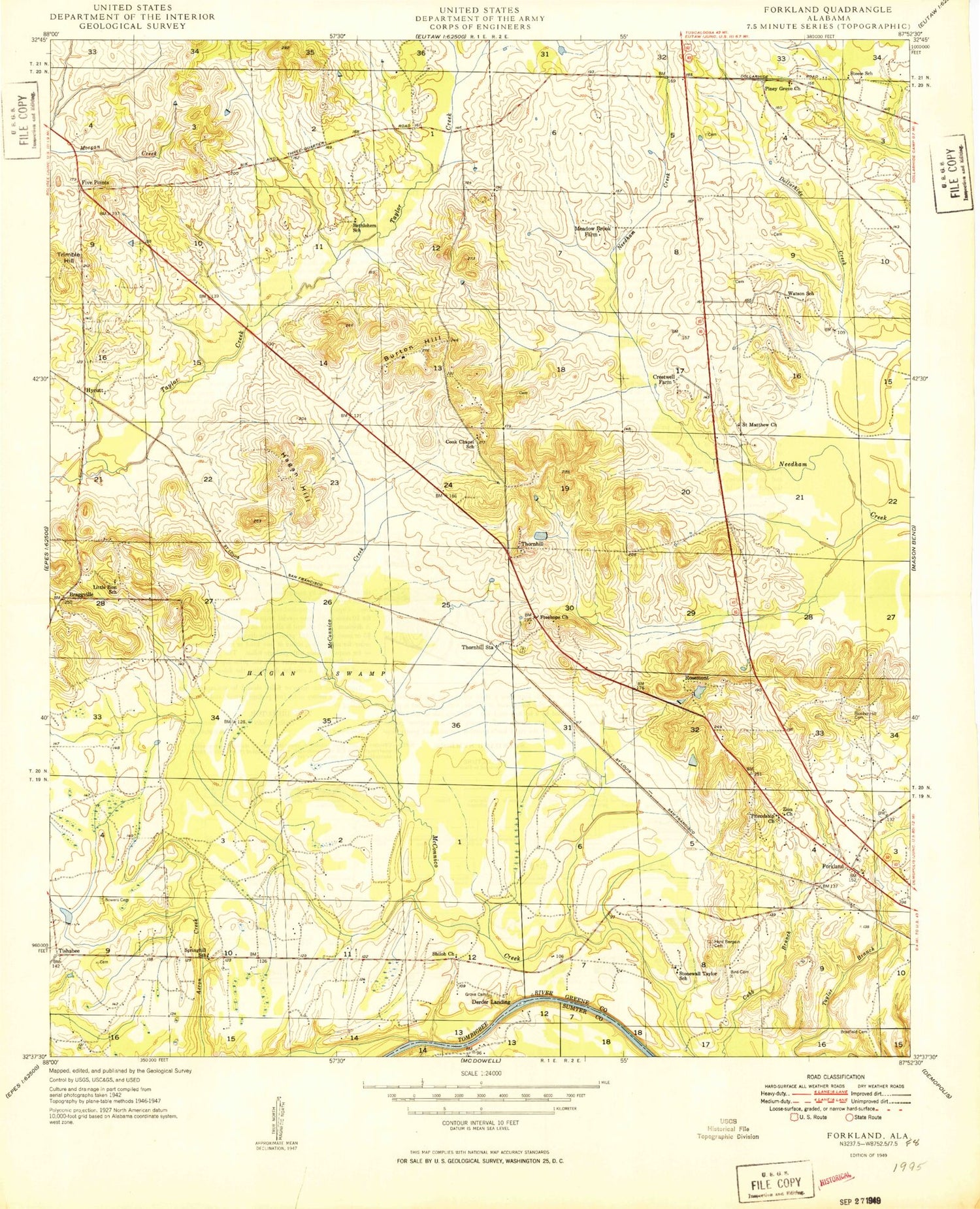 Classic USGS Forkland Alabama 7.5'x7.5' Topo Map Image