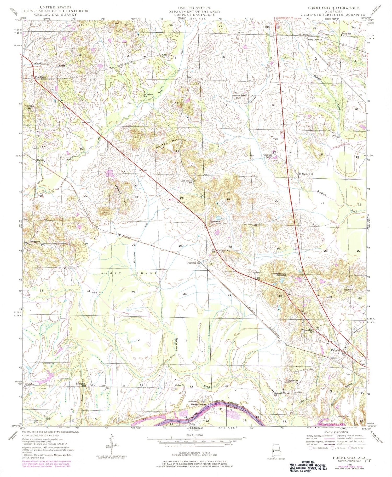 Classic USGS Forkland Alabama 7.5'x7.5' Topo Map Image