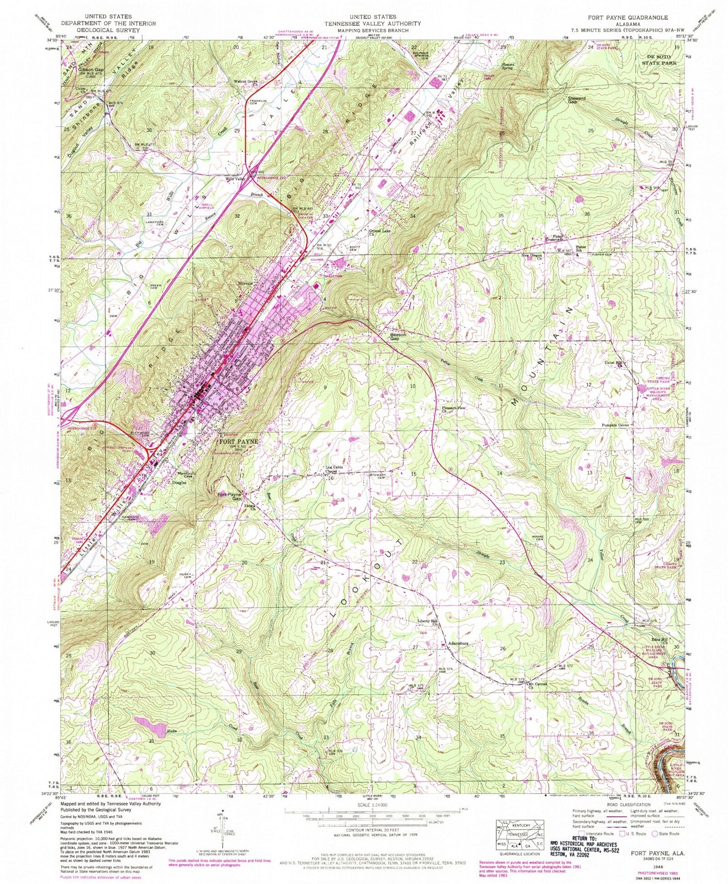 Classic USGS Fort Payne Alabama 7.5'x7.5' Topo Map Image