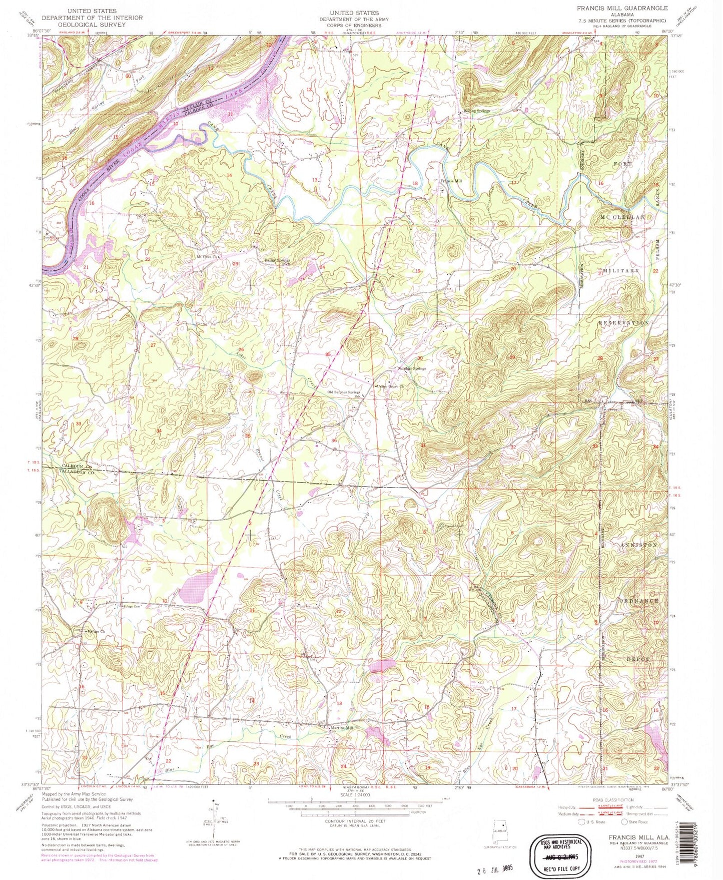 Classic USGS Francis Mill Alabama 7.5'x7.5' Topo Map Image