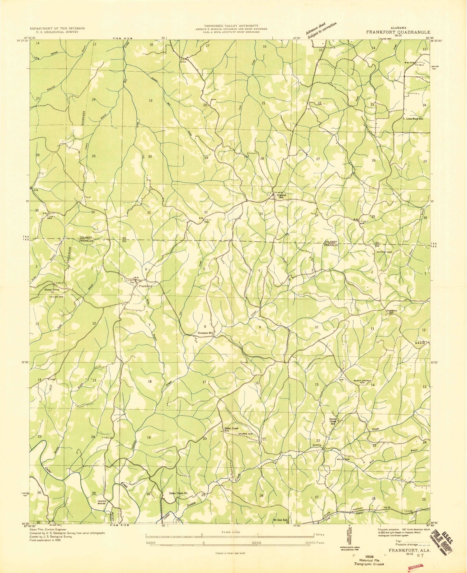 Classic USGS Frankfort Alabama 7.5'x7.5' Topo Map Image