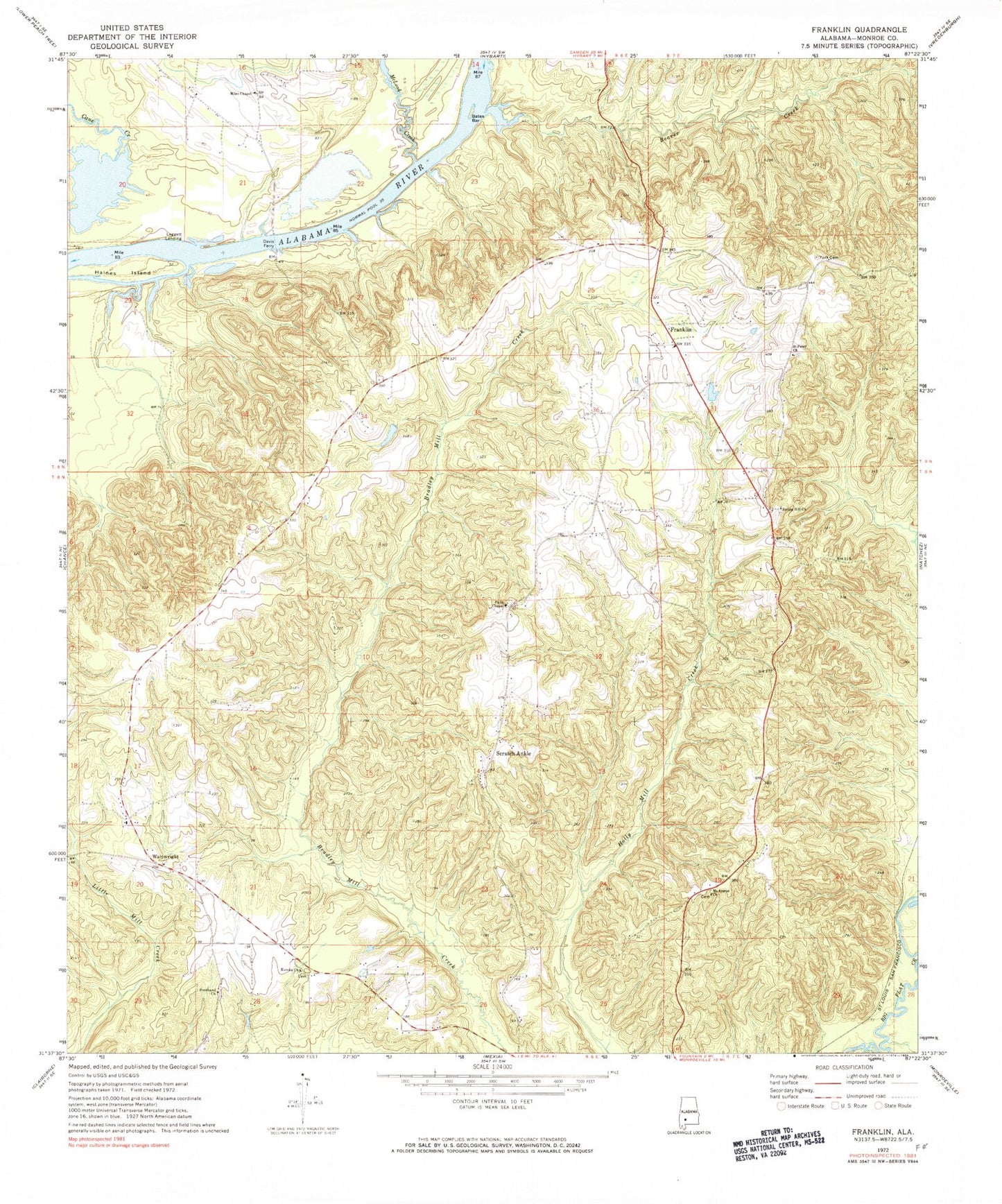 Classic USGS Franklin Alabama 7.5'x7.5' Topo Map Image