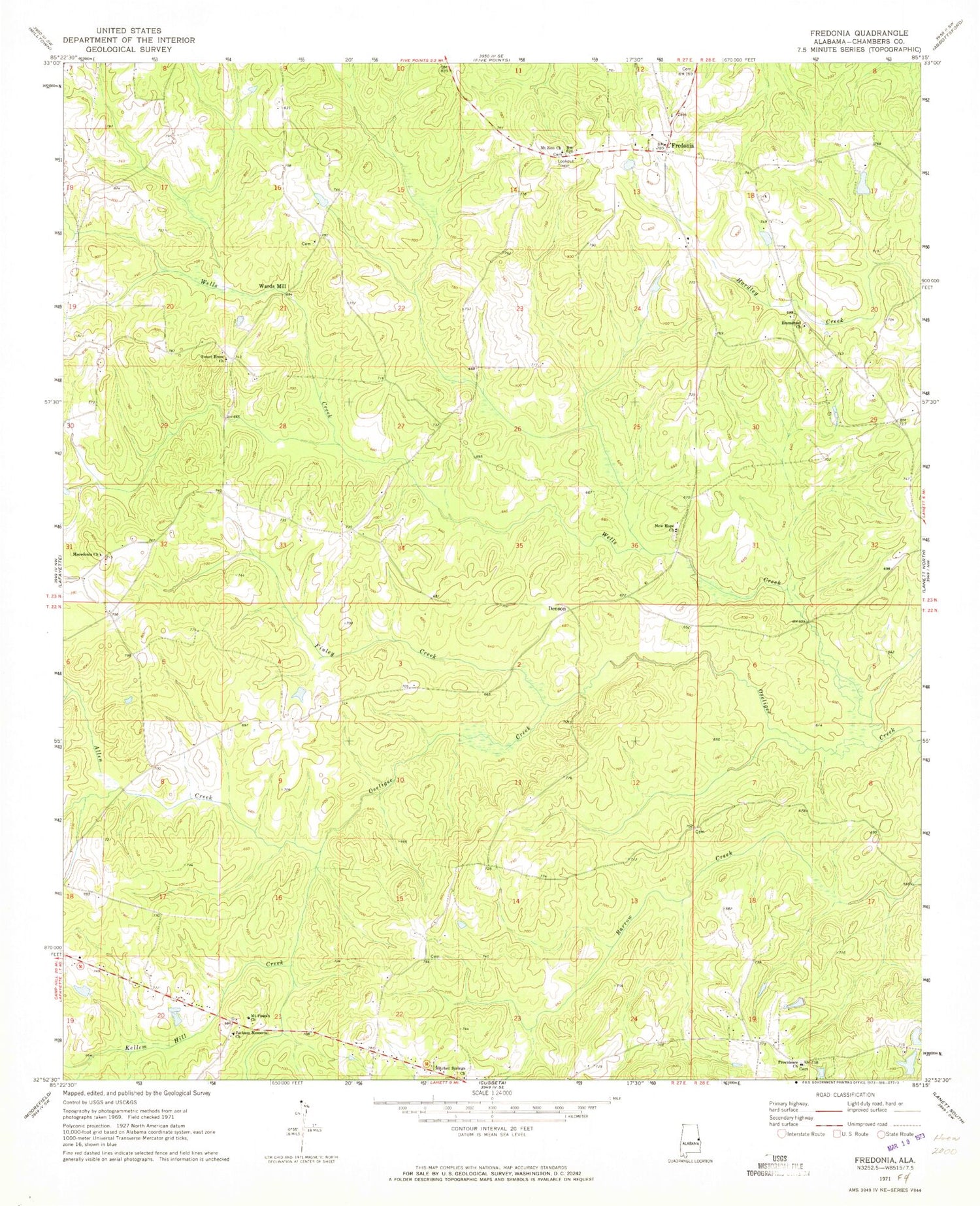 Classic USGS Fredonia Alabama 7.5'x7.5' Topo Map Image