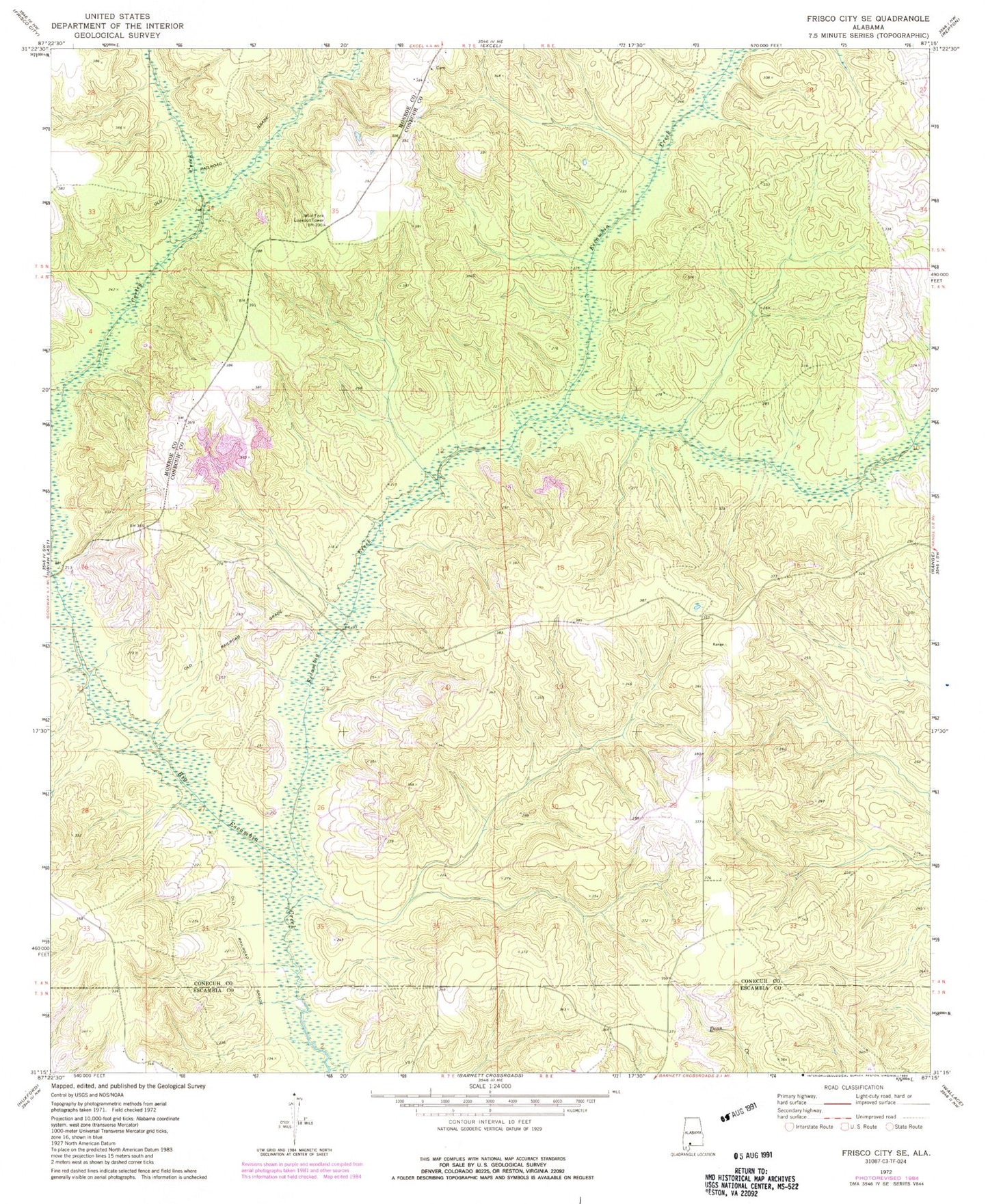 Classic USGS Frisco City SE Alabama 7.5'x7.5' Topo Map Image