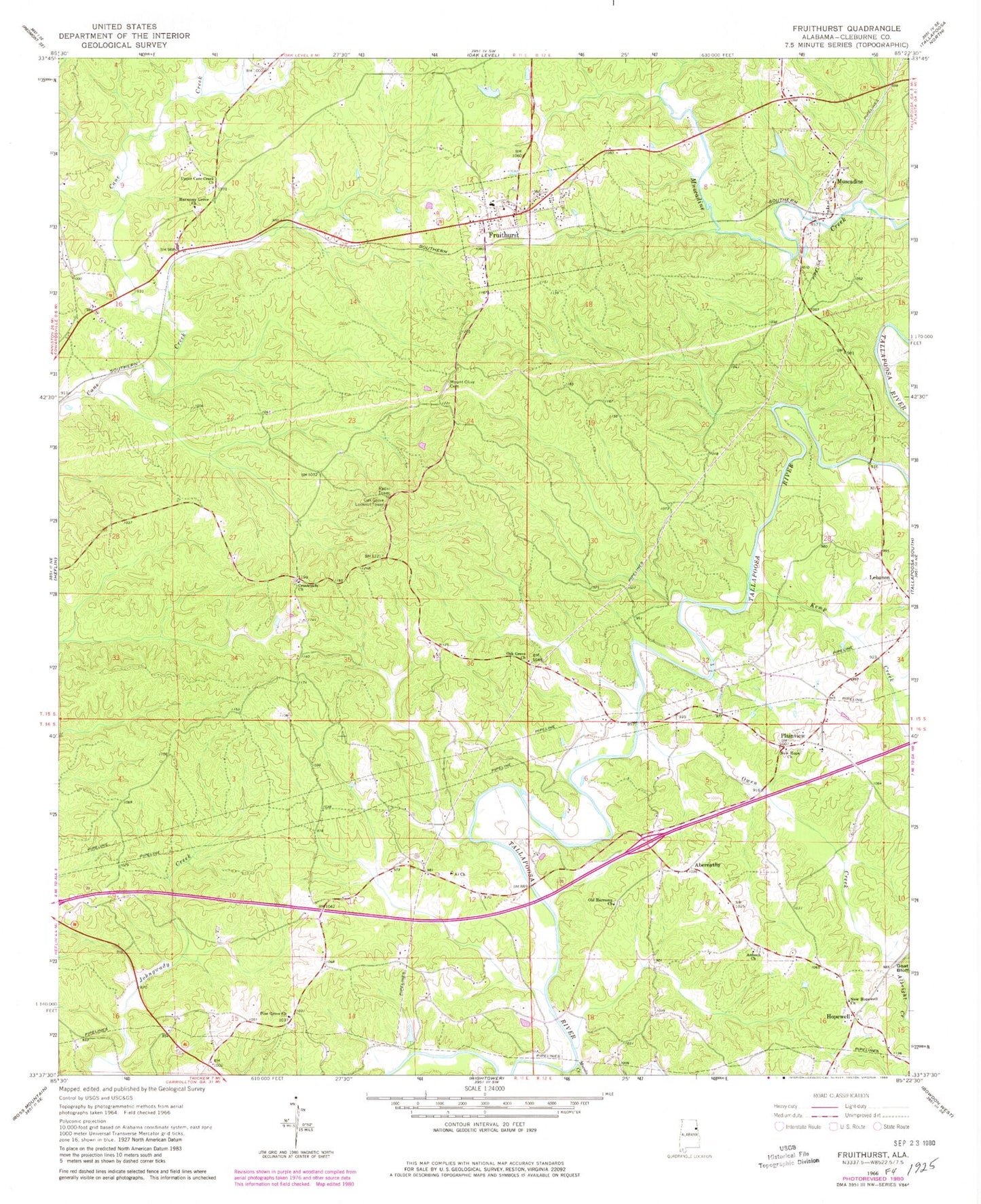 Classic USGS Fruithurst Alabama 7.5'x7.5' Topo Map Image