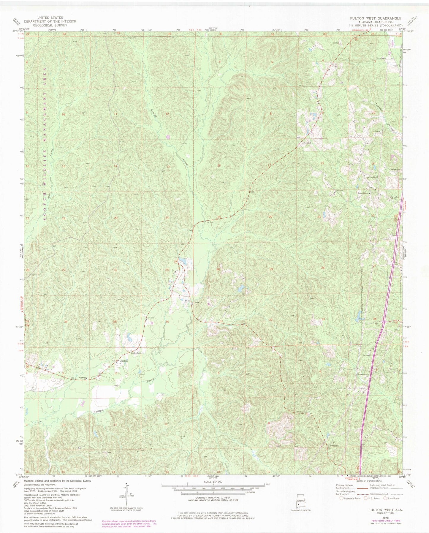 Classic USGS Fulton West Alabama 7.5'x7.5' Topo Map Image