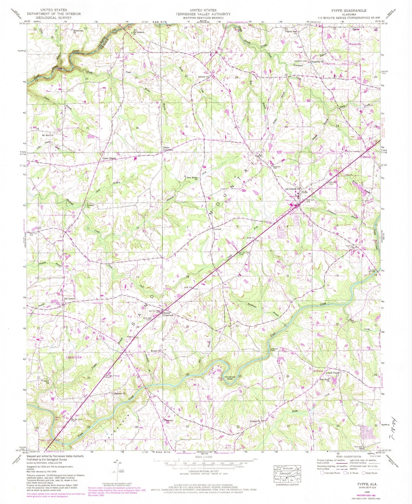 Classic USGS Fyffe Alabama 7.5'x7.5' Topo Map Image